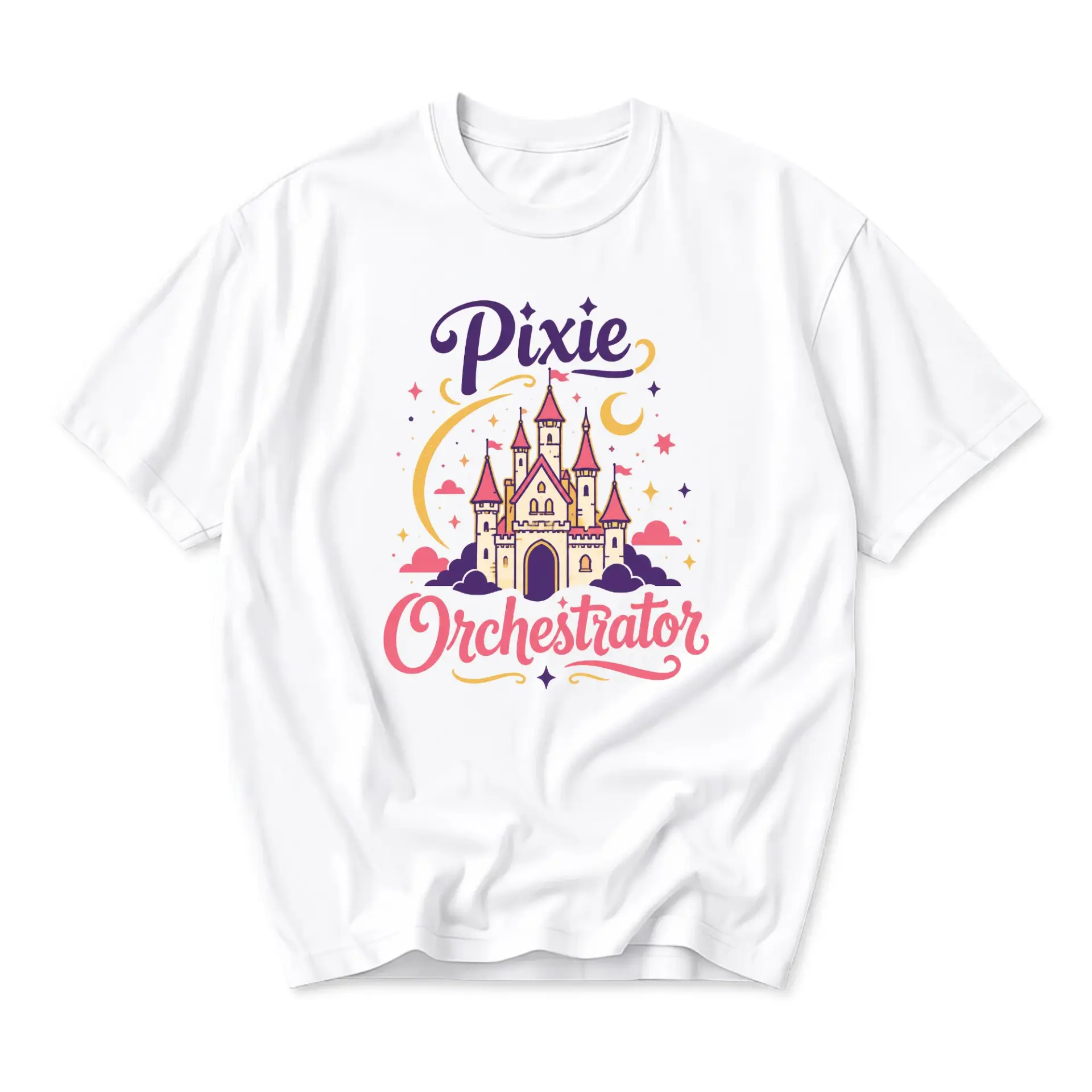 T-shirt Graphic Tee Featuring Whimsical Castle Illustration and Pixie Orchestrator Typography for Casual Daily Wear