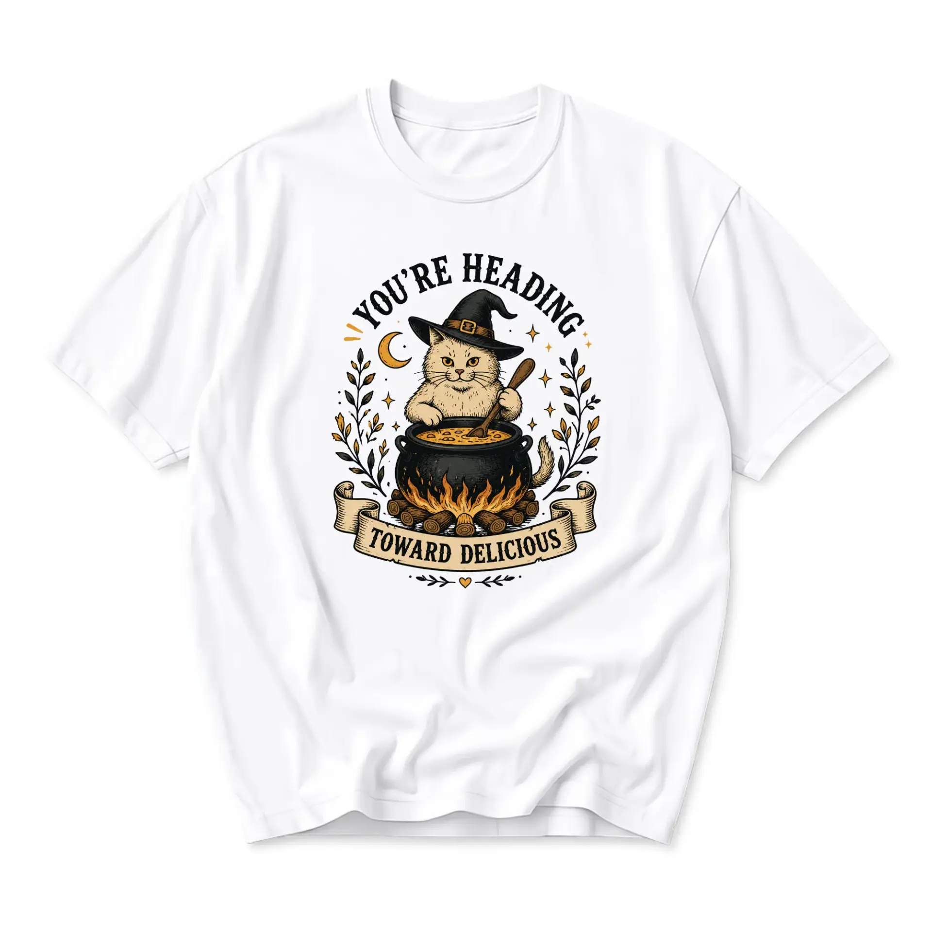 Graphic Tee Unisex Casual Shirt Featuring Cute Cat in Witch Hat Cooking in a Cauldron with Humorous Script Text