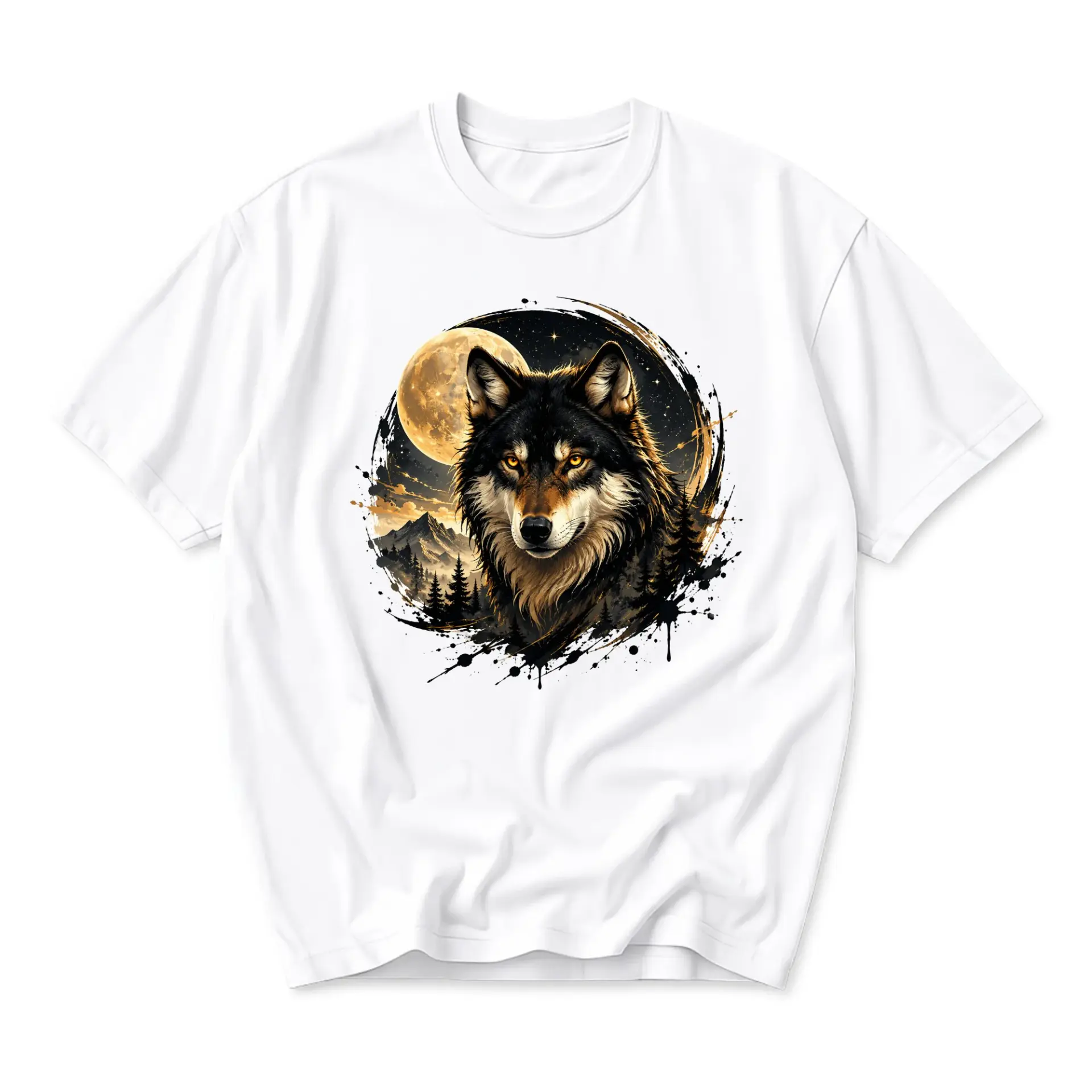 Graphic Tee Unisex Crew Neck T-Shirt Featuring Majestic Wolf under Full Moon Wilderness Mountain Nature Scene Design