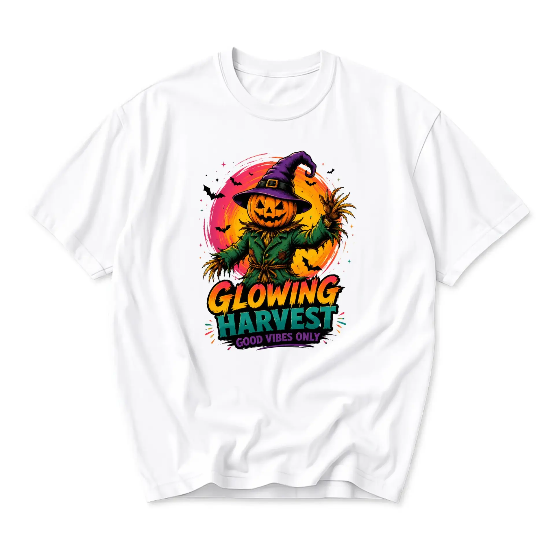 Graphic Tee Unisex Crew Neck T-Shirt Featuring Pumpkin Scarecrow Illustration with Glowing Harvest Good Vibes Only