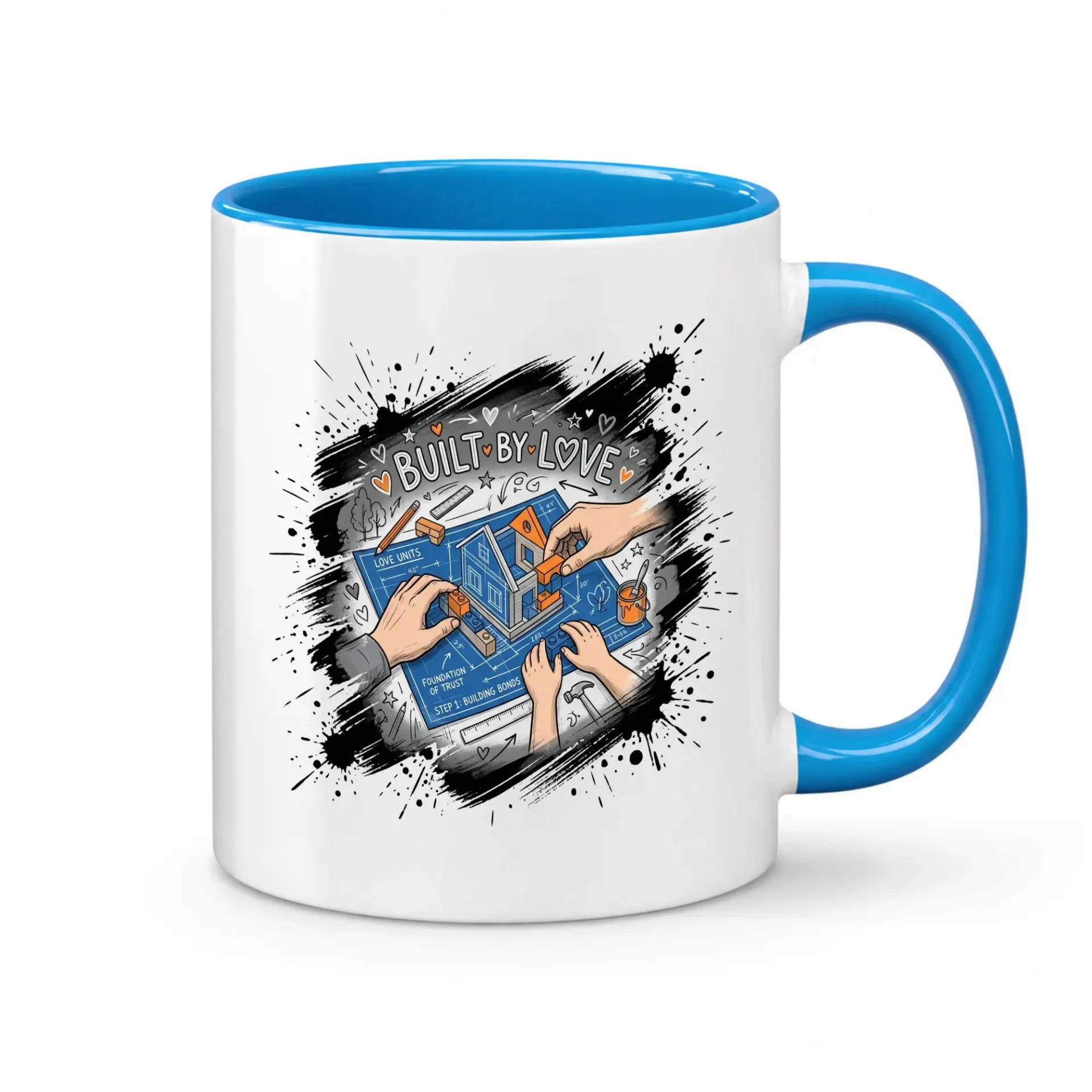 Inspirational Built by Love Ceramic Coffee Mug with Decorative Blue Handle and Rim for Home Office Beverage Use