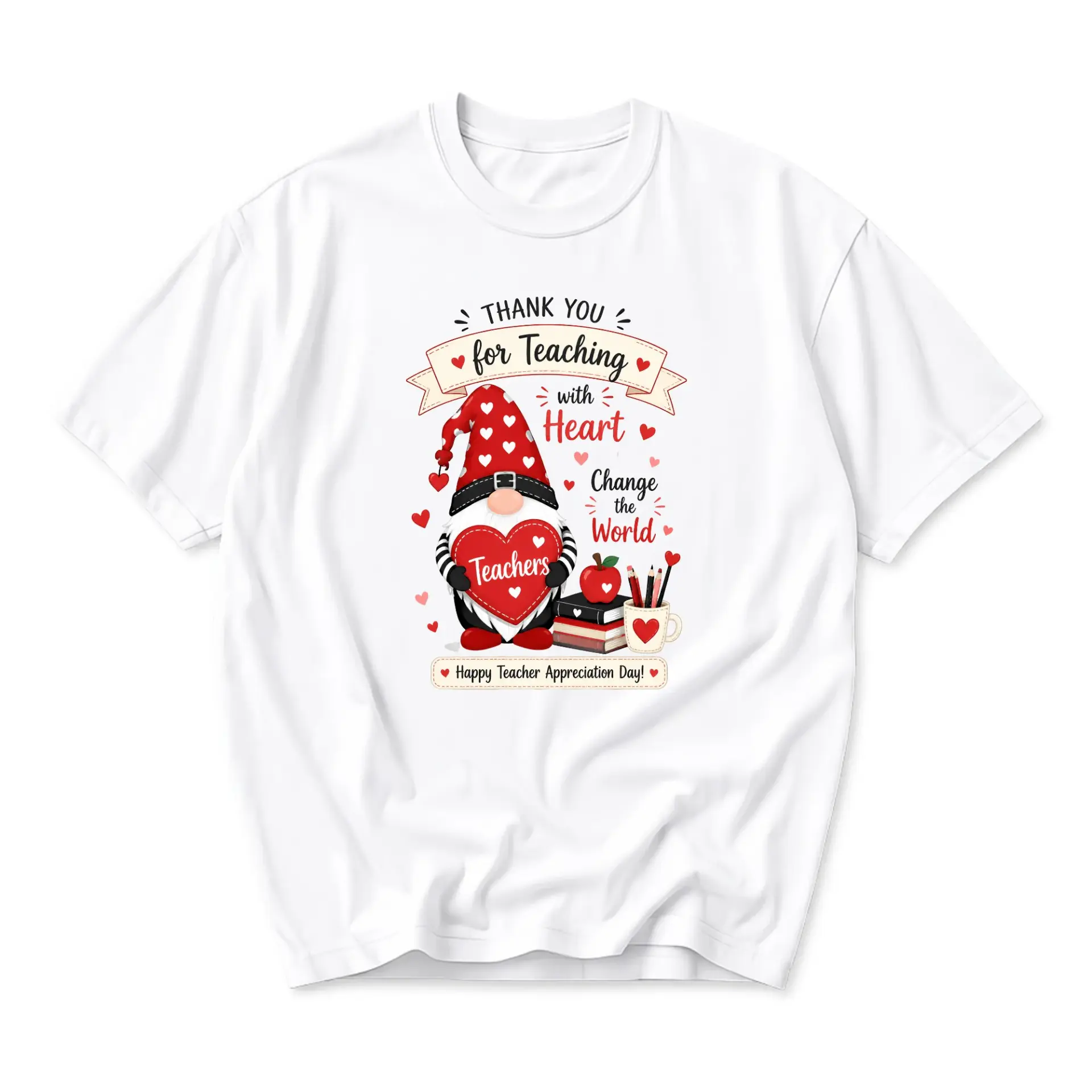 T-shirt Graphic Tee for Teachers Heart Gnome Design Unisex Crew Neck Short Sleeve Casual Apparel Cotton Blend