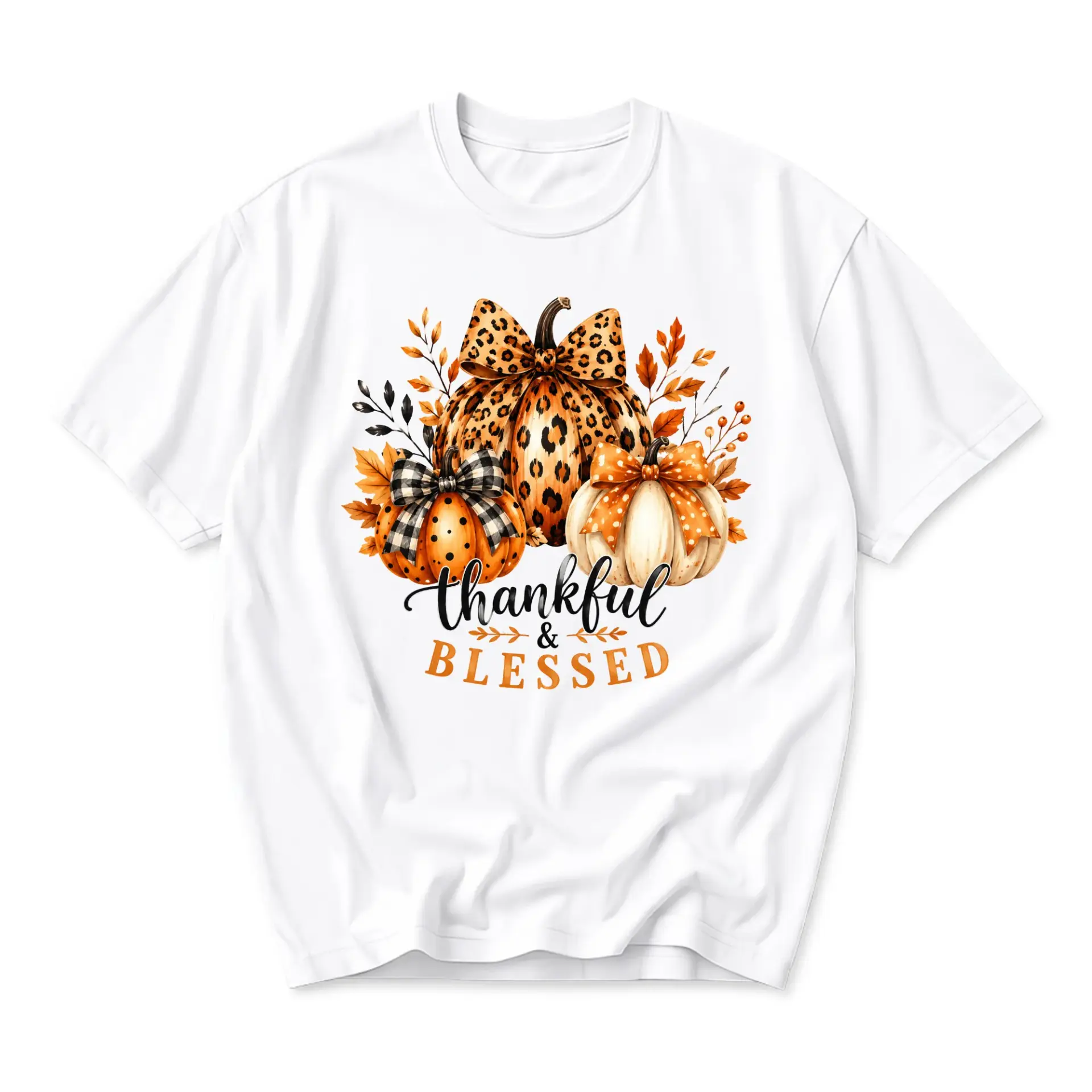 Graphic Tee Thankful and Blessed Fall Pumpkin Leopard Print Unisex Crew Neck Casual Cotton Blend Short Sleeve Shirt