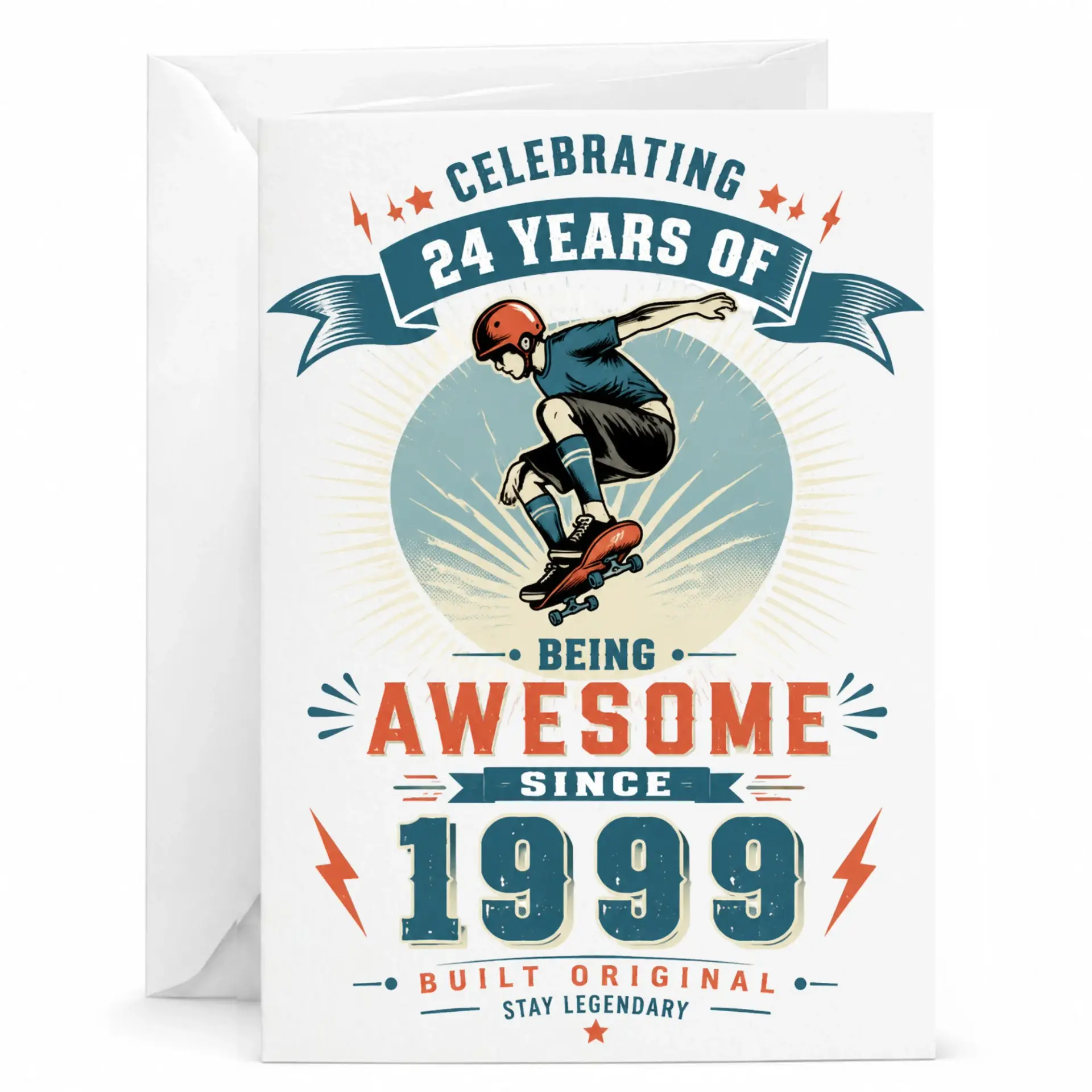 Birthday Card Celebrating 24 Years of Being Awesome Since 1999 Skateboarder Design Greeting Card 5x7 Inches