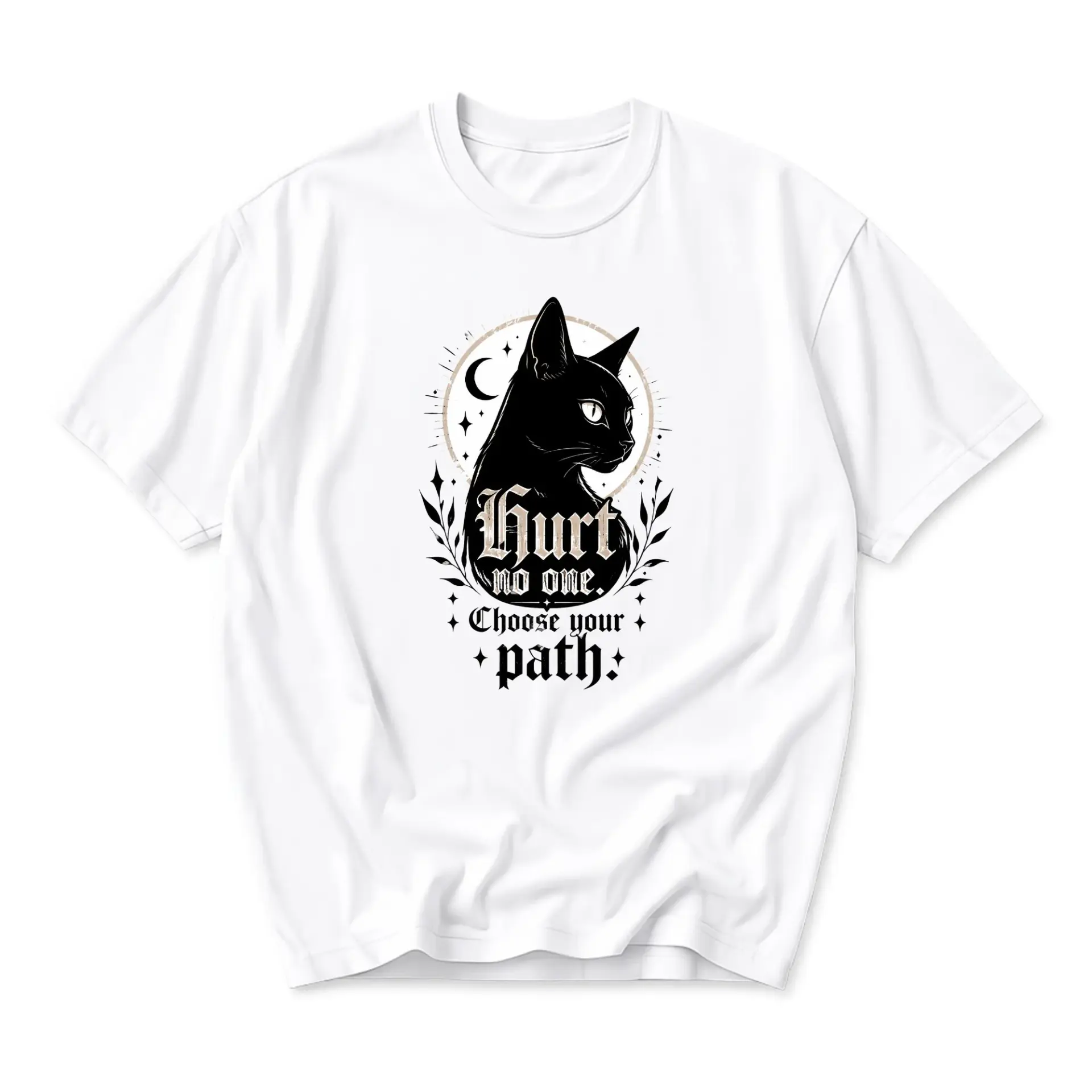 Graphic Tee Unisex Black Cat Illustration Hurt No One Choose Your Path Inspirational Quote Crew Neck Cotton Shirt