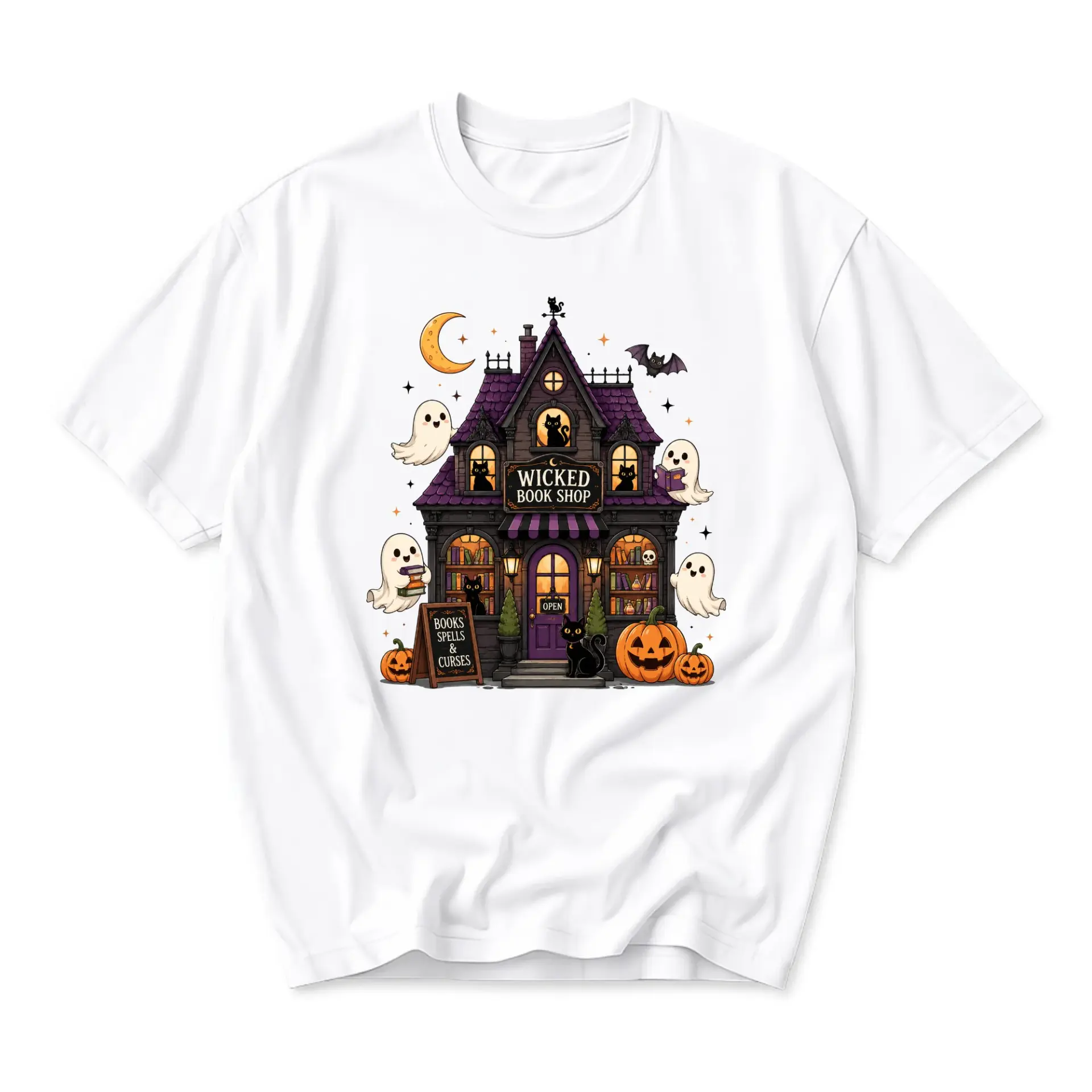 Graphic Tee Wicked Book Shop Spooky Halloween Unisex Crew Neck T-Shirt for Casual Wear and Everyday Comfortable Outfit