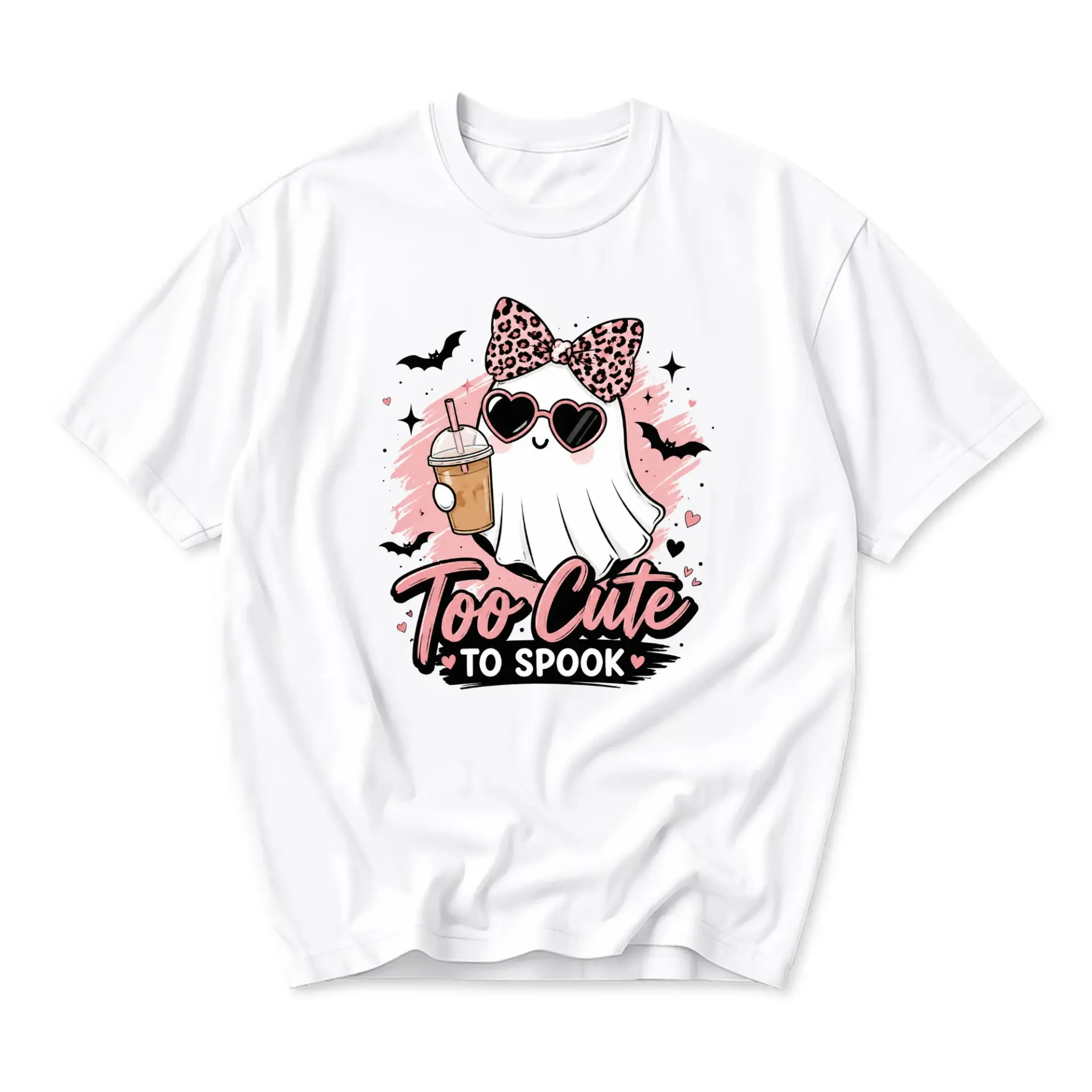 Graphic Tee Too Cute to Spook Ghost Design Trendy Casual Unisex Crew Neck Short Sleeve Cotton Blend Shirt