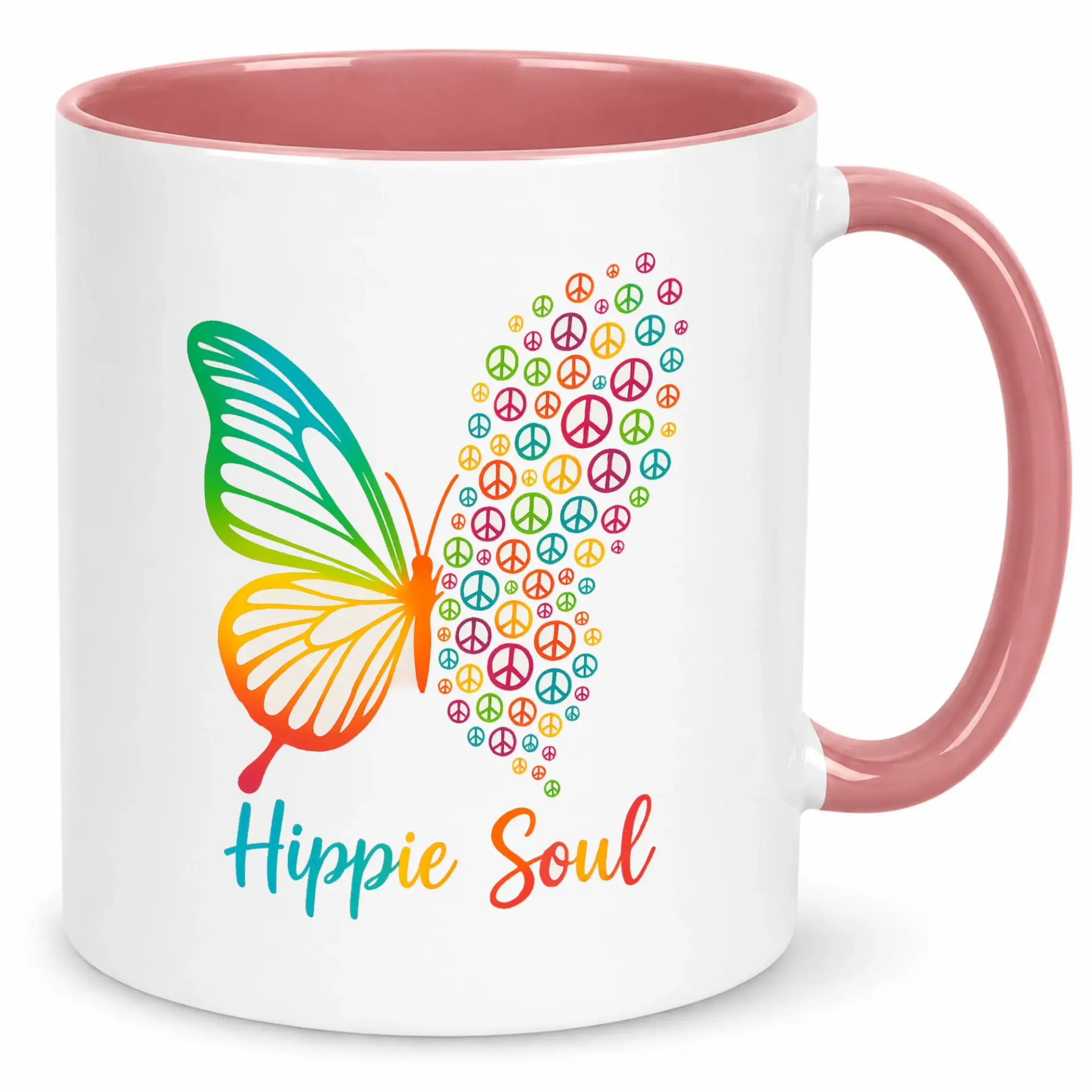 Colorful Peace Sign Butterfly Ceramic Coffee Mug with "hippie Soul" Design, 11 Oz or 15 Oz Glossy Finish Beverage Cup for Home and Office