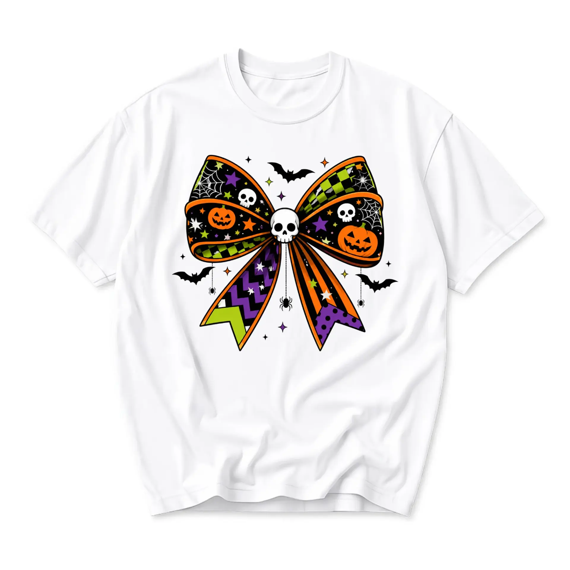 Graphic Tee Spooky Halloween Bow T-Shirt Featuring Skull Pumpkin Bat and Spider Web Patterns Unisex Casual Shirt