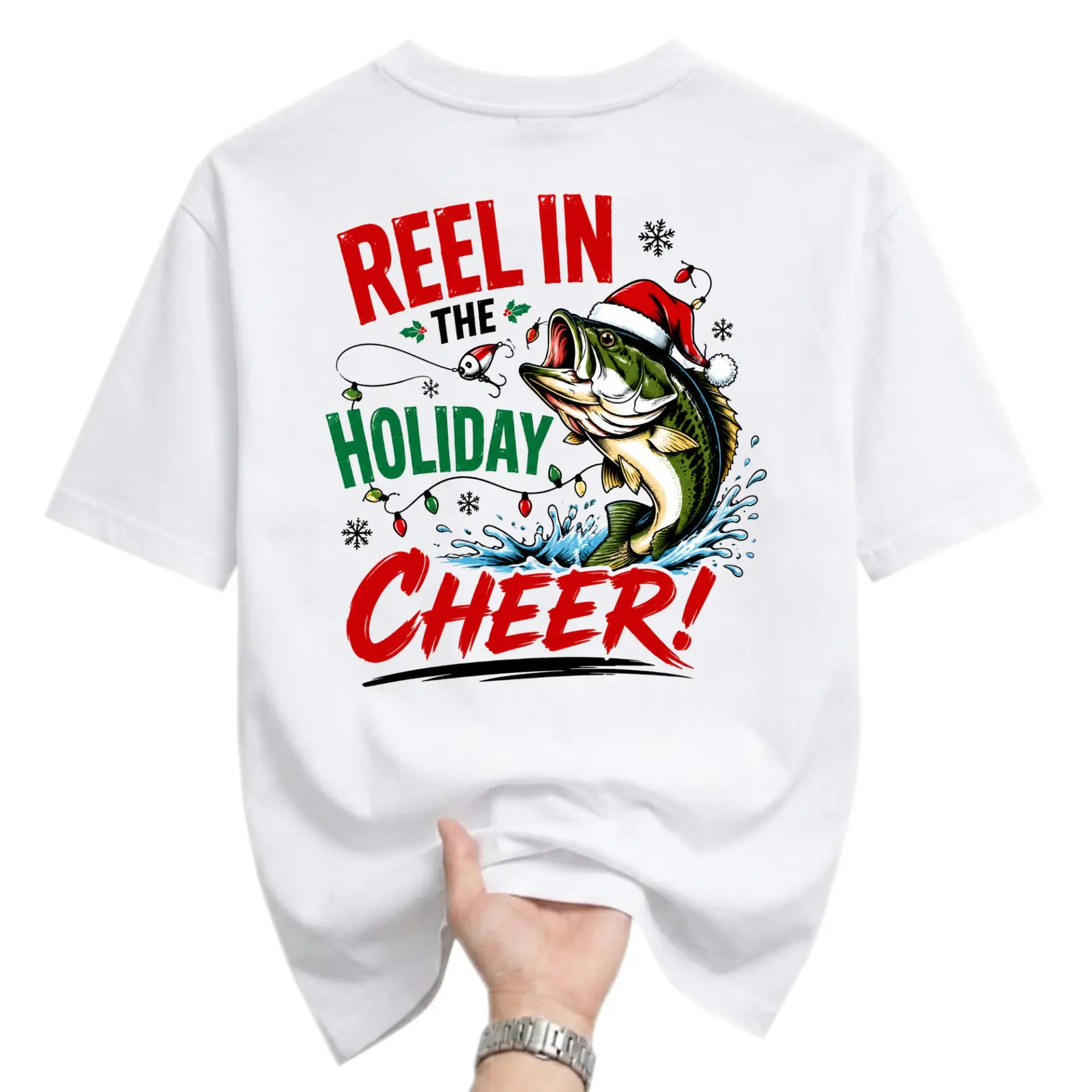 Funny Shirt Reel in the Holiday Cheer Fishing Graphic Tee Seasonal Unisex Crew Neck Short Sleeve Casual Apparel