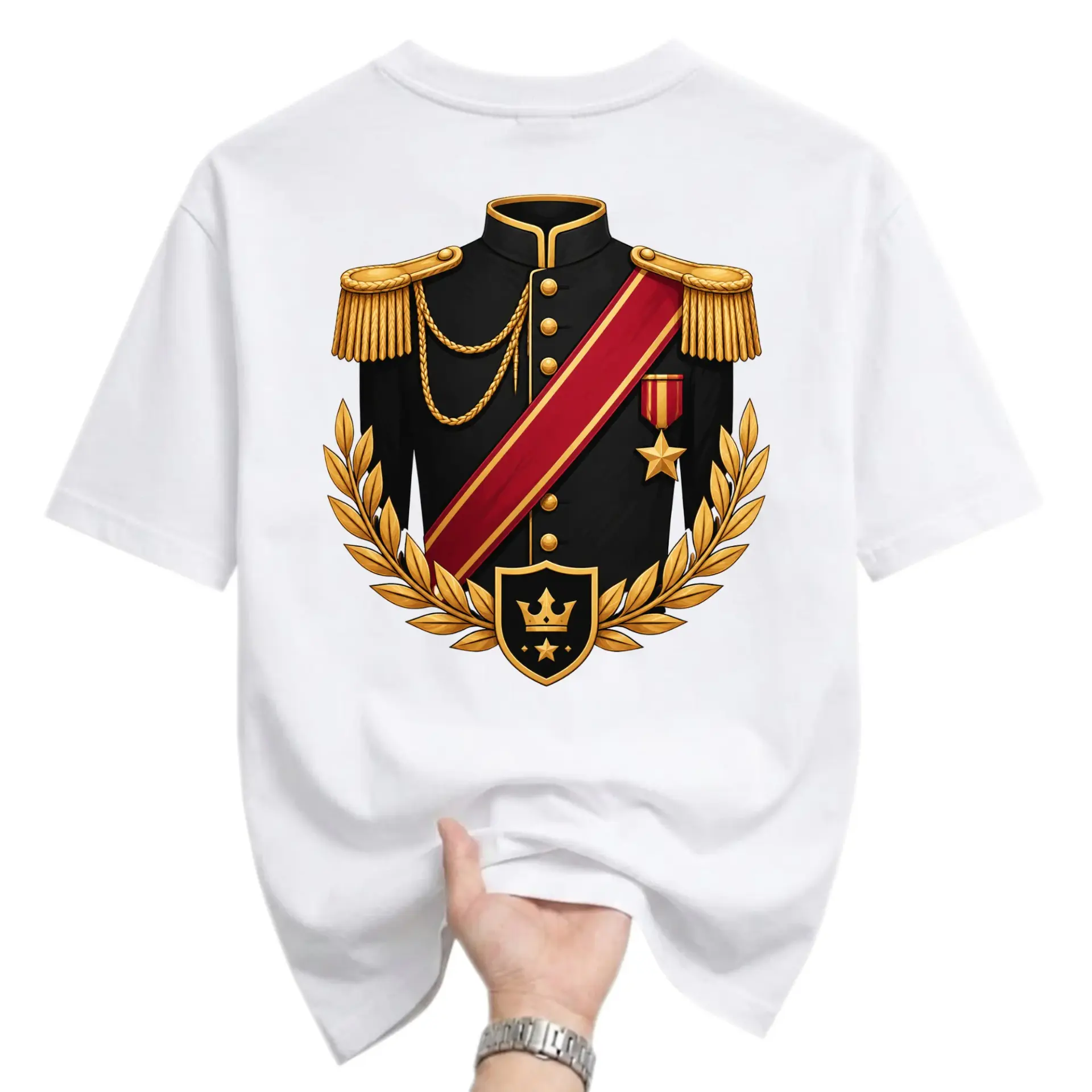 T-shirt Military Style Uniform Graphic Tee Gold Epaulets and Royal Crest Print Unisex Casual Crew Neck Top