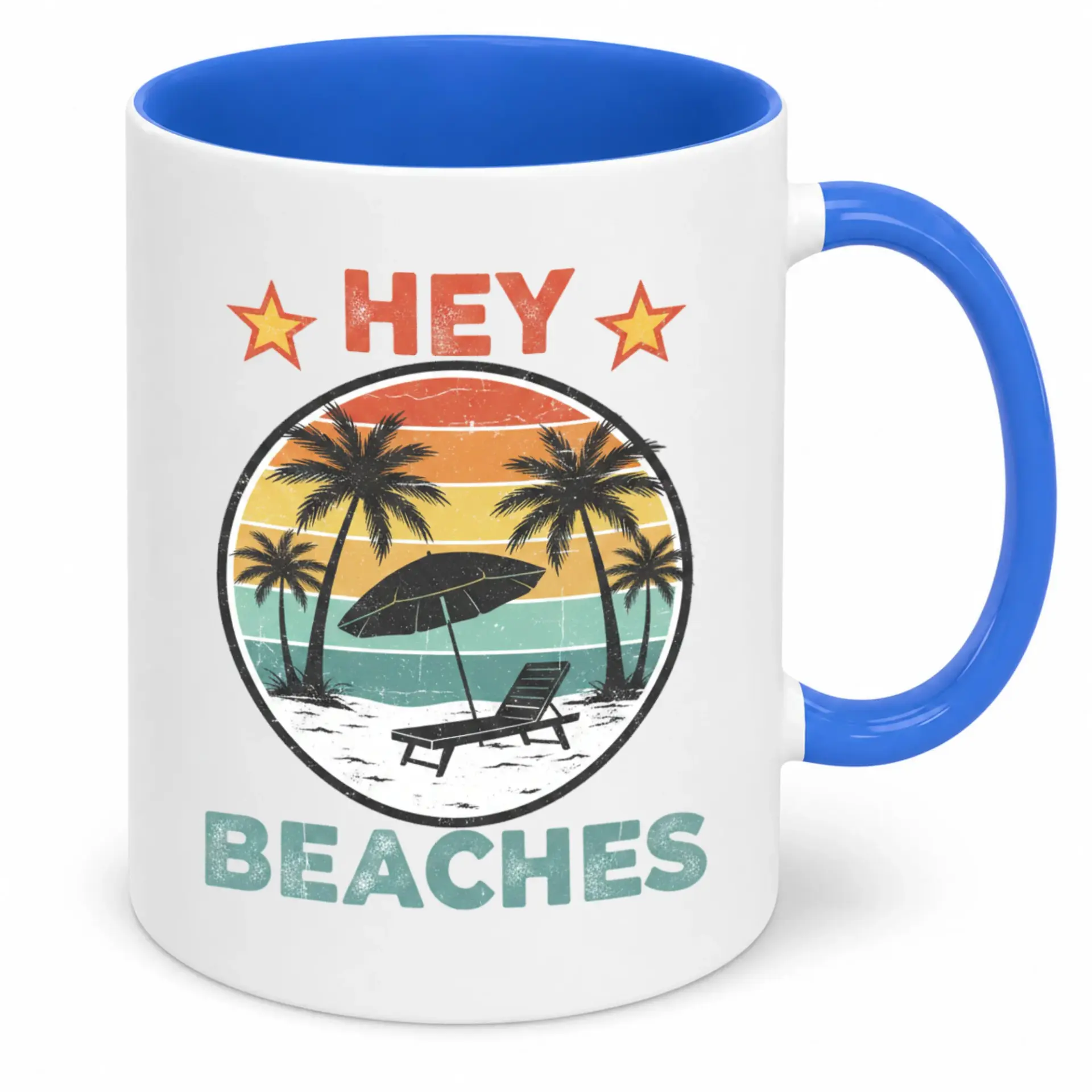 Funny Beach Themed Ceramic Coffee Mug, 11oz or 15oz White Glossy Drinkware with Retro Sunset Palm Tree Design