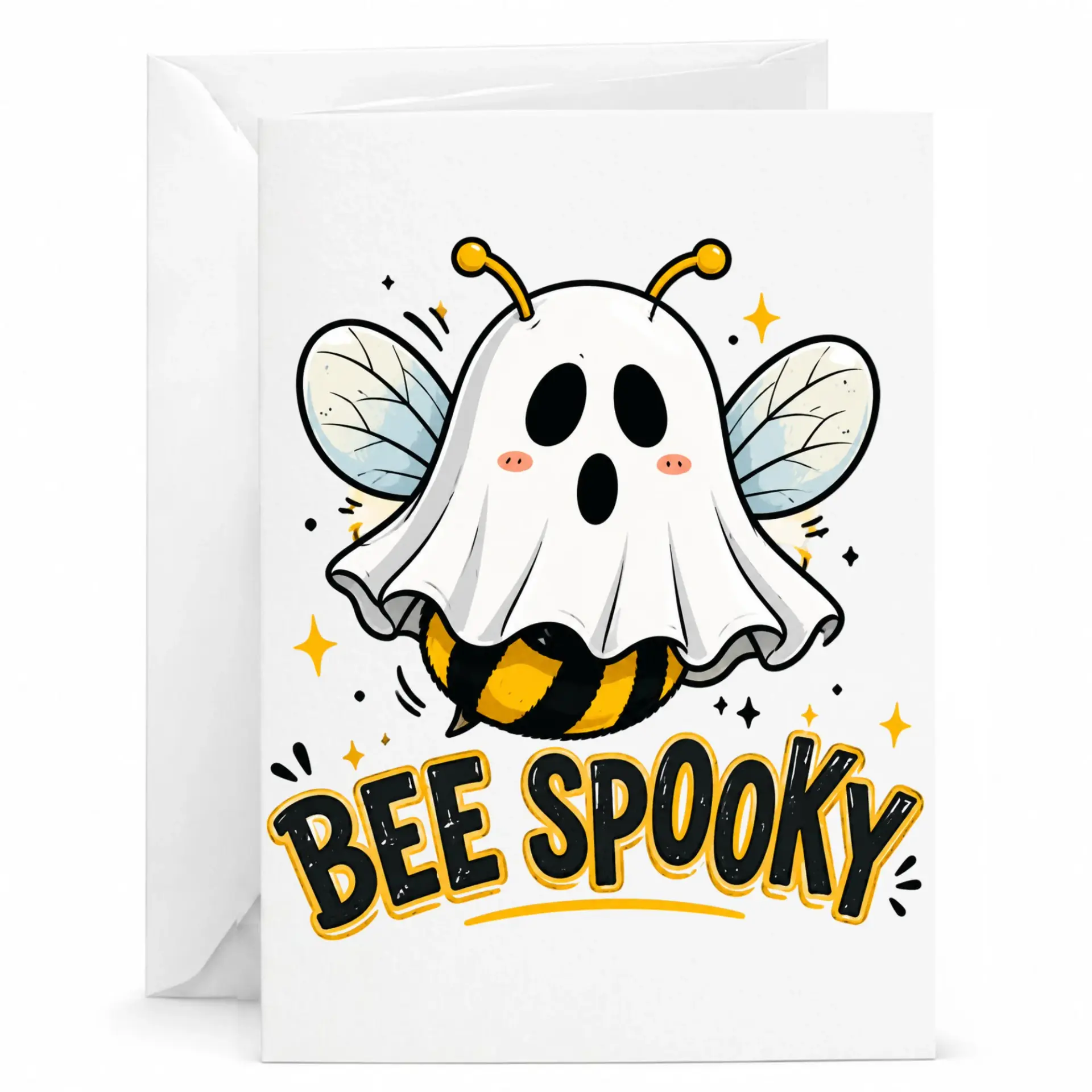 Funny Bee Spooky Greeting Card Cute Halloween Honeybee Illustration for Autumn Seasonal with Envelope