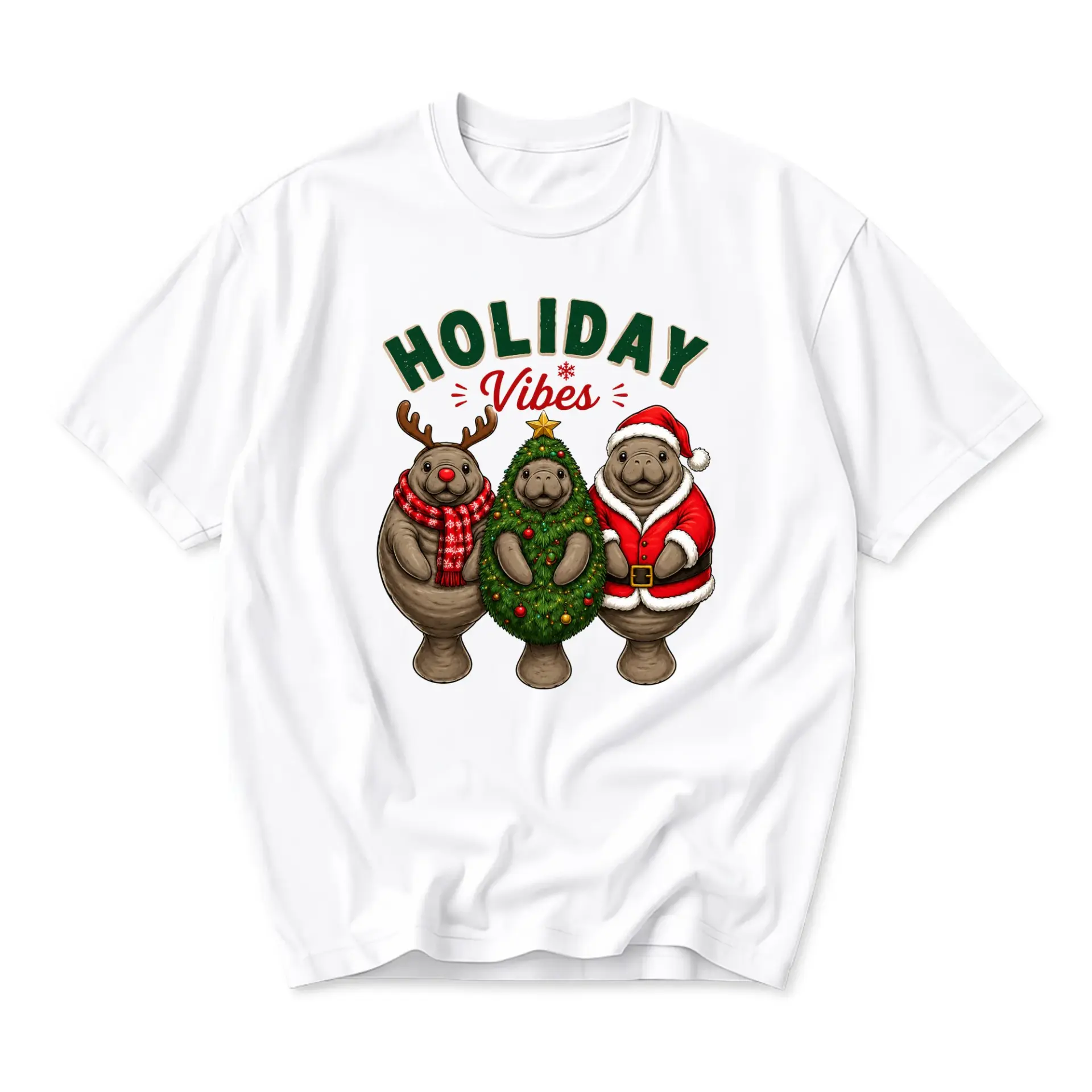 Funny Shirt Holiday Vibes Manatee Graphic Tee Retro Christmas Animal Print Casual Unisex Crew Neck Short Sleeve Top