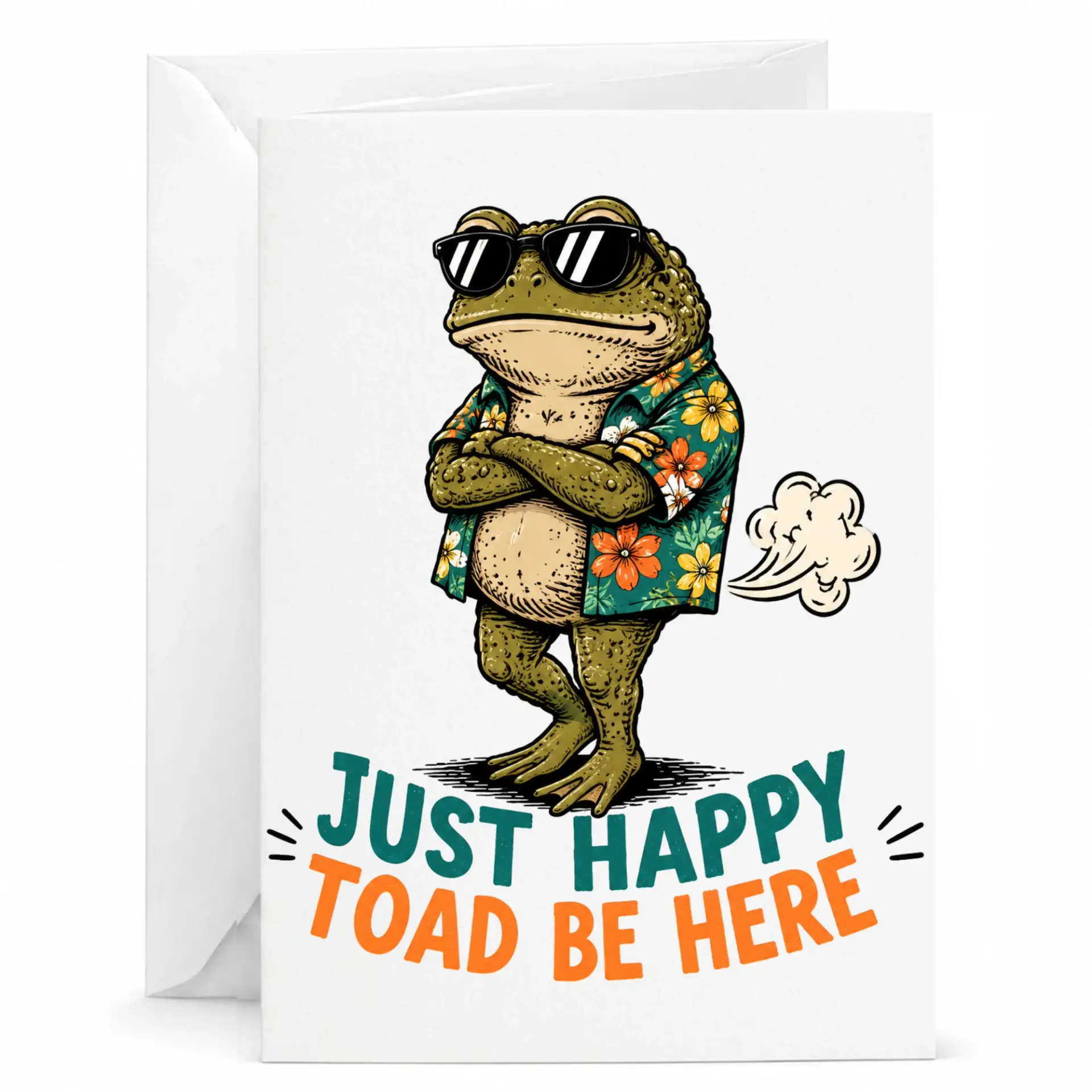Funny Greeting Card Featuring a Cool Toad Wearing Sunglasses and a Floral Shirt with a Pun Text Design