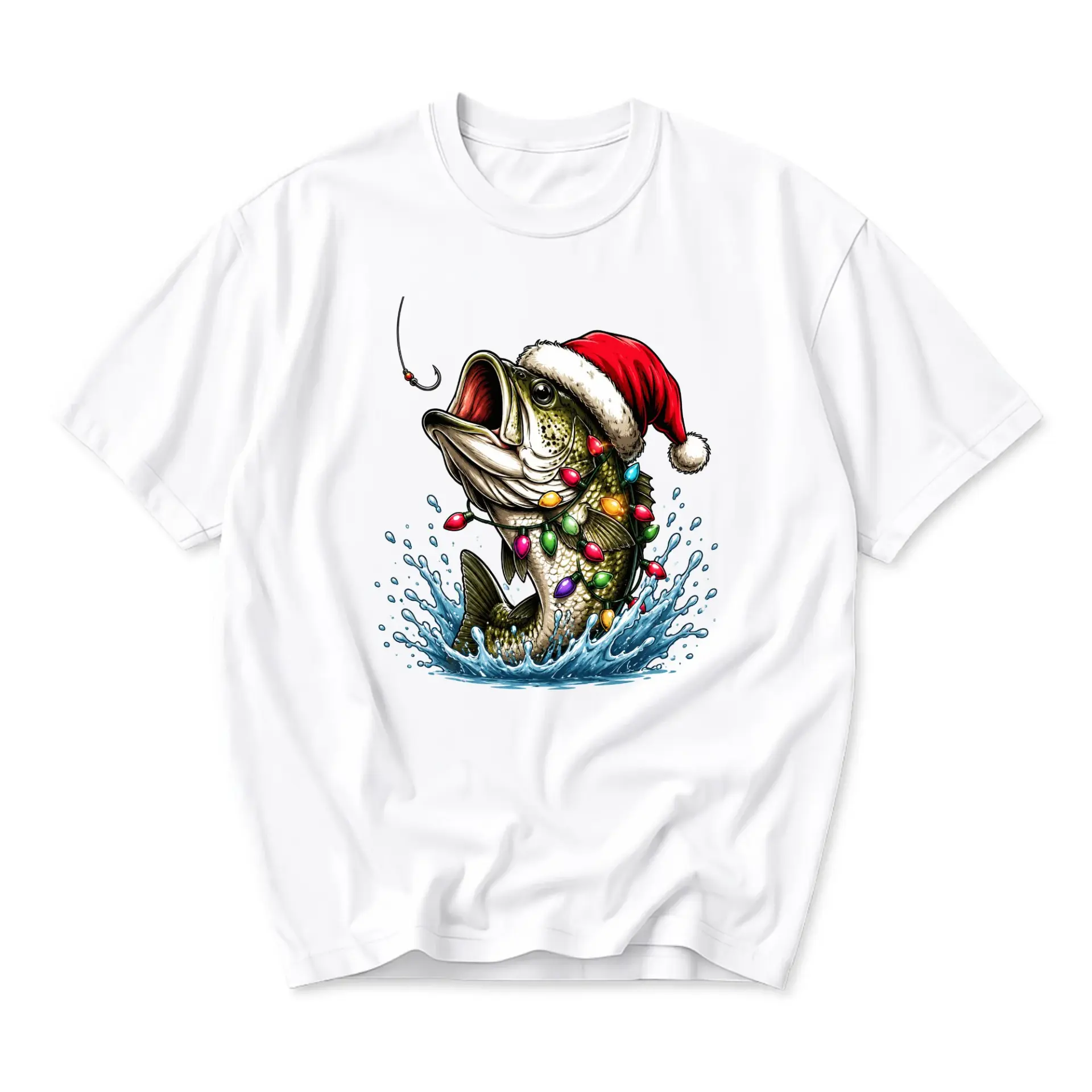 Graphic Tee Christmas Fishing T-Shirt Festive Holiday Outdoor Sport Casual Crew Neck Unisex Everyday Apparel