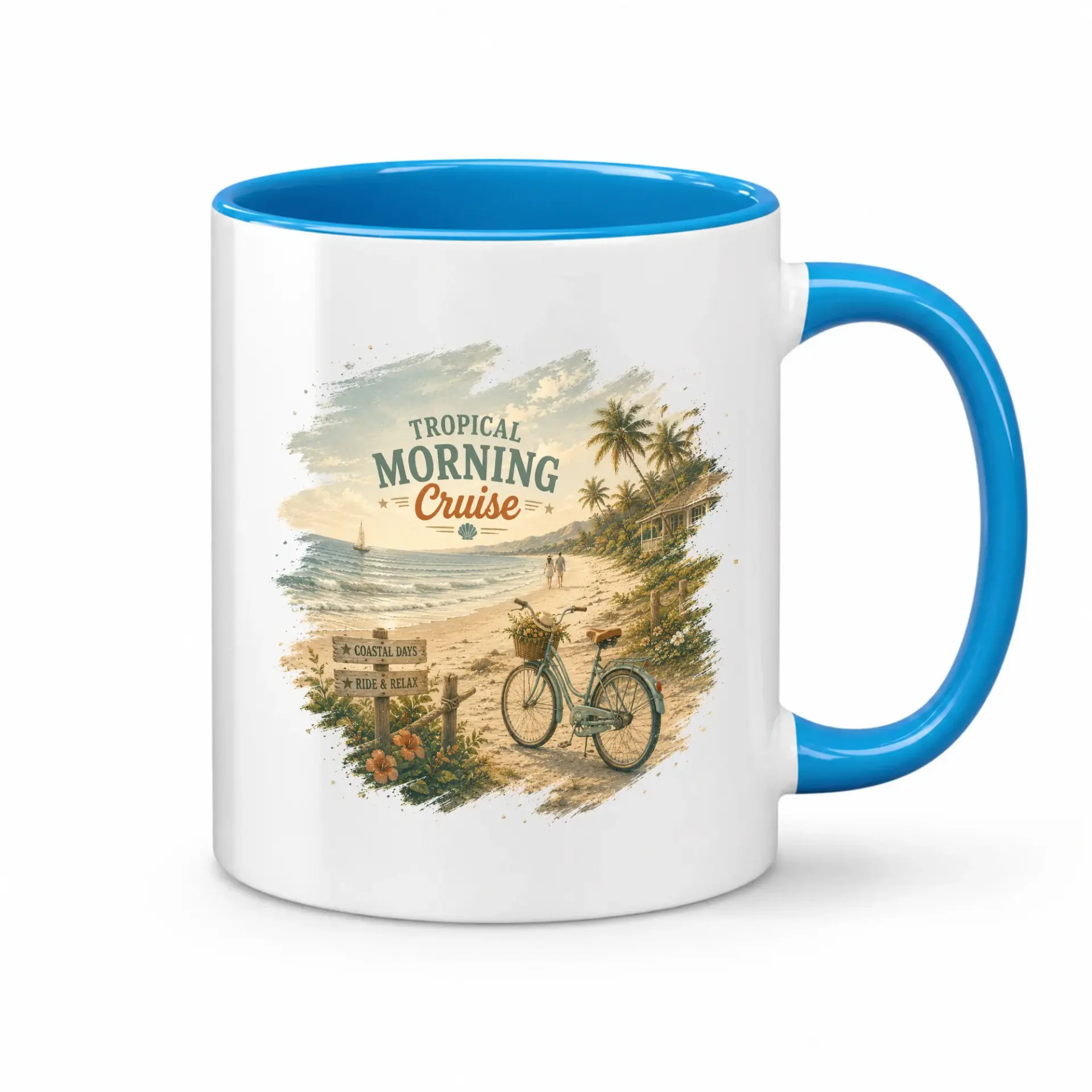 Tropical Morning Cruise Coffee Mug Ceramic Beverage Cup with Beach Bike Theme for Relaxing Drinkware
