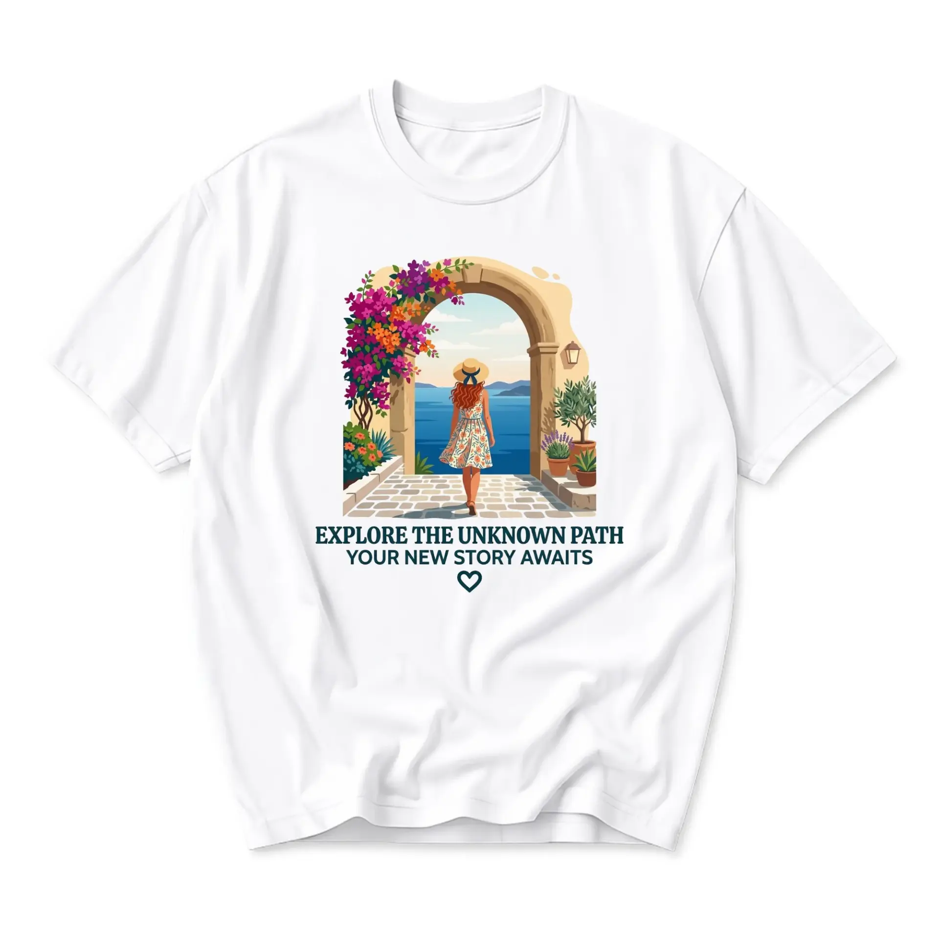T-shirt Explore the Unknown Path Graphic Tee Coastal Travel Adventure Illustration Shirt for Men and Women White Casual