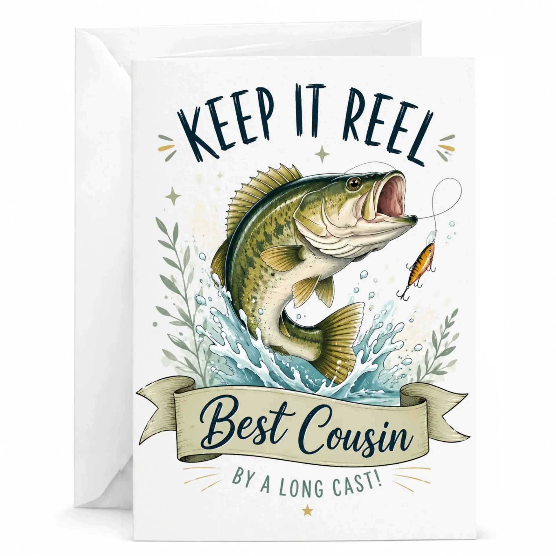 Funny Fishing Greeting Card for Cousin Featuring Fish Design Keep It Best by a Long 5x7