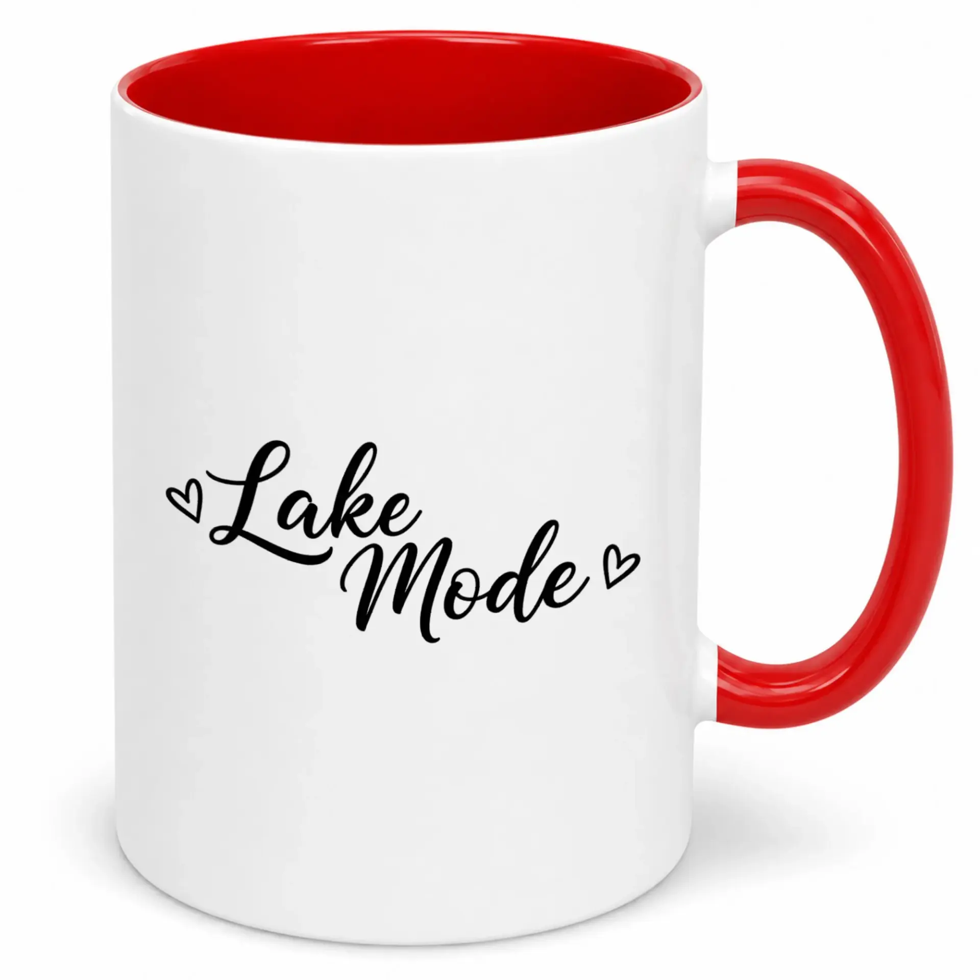 Funny Lake Mode Coffee Mug for Vacation Lovers, Unique Ceramic Mug with Red Handle, 11oz or 15oz Beverage Cup Gift