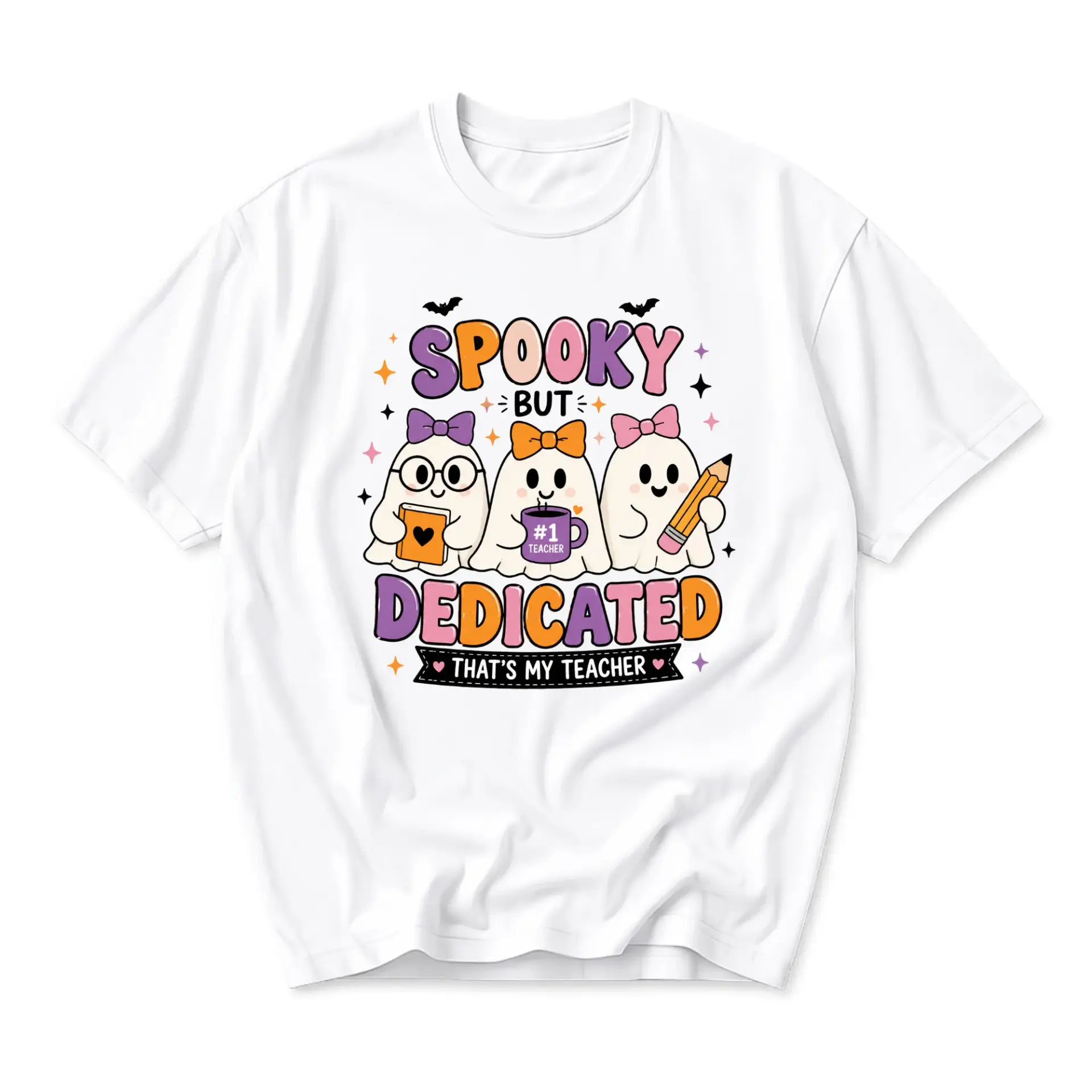 Funny Shirt Spooky but Dedicated Graphic Tee Casual Cotton Blend Unisex Crew Neck Top for Educators and Halloween Fans