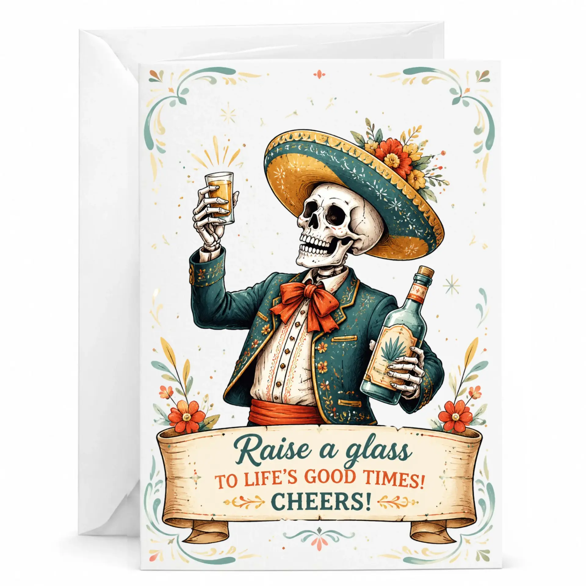 Funny Skeleton Toast Greeting Card with Envelope, Festive Mariachi Skull Illustration for Celebration and Cheers
