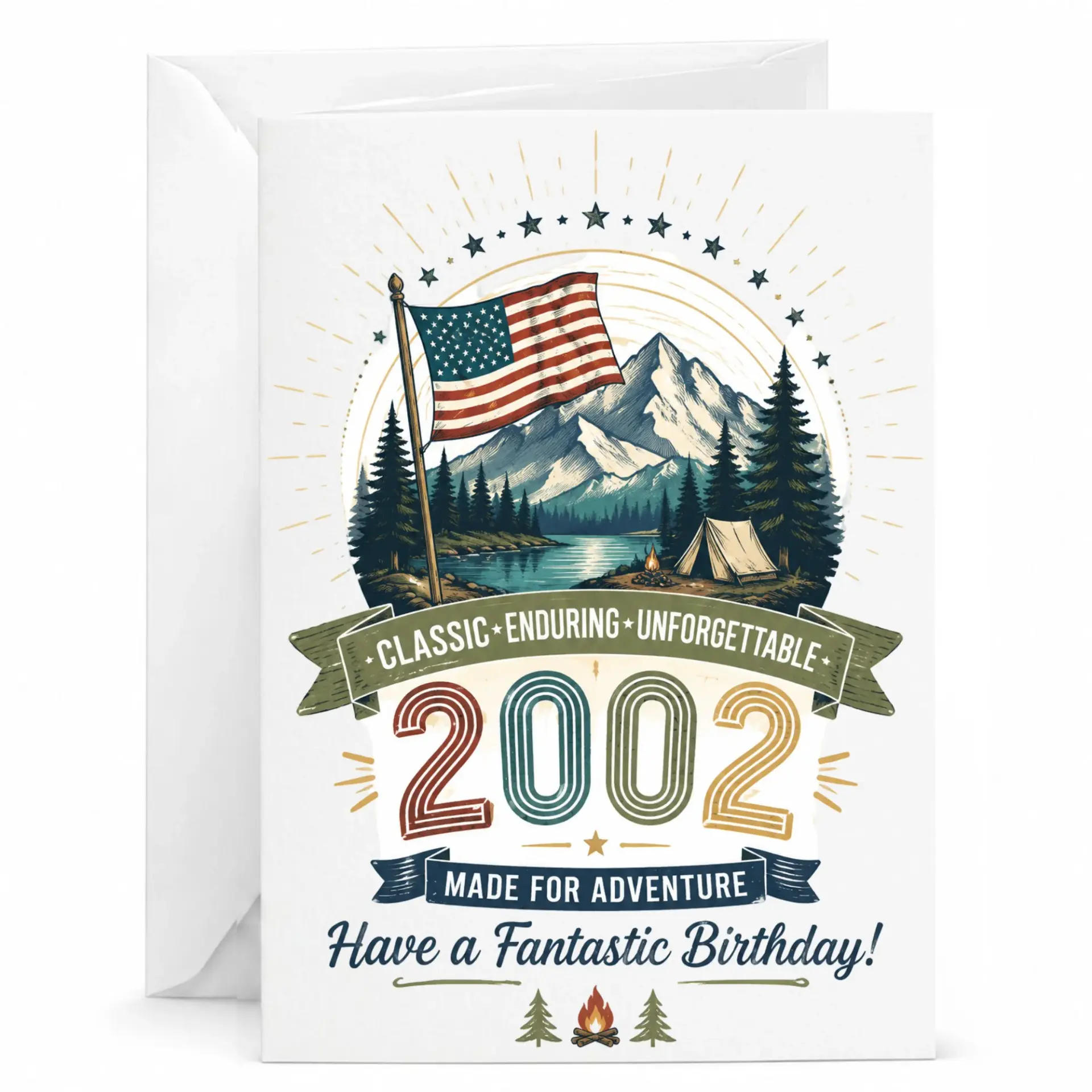 Birthday Card 2002 Vintage Camping Theme Mountain Adventure Greeting Card with Envelope for Outdoor Enthusiasts
