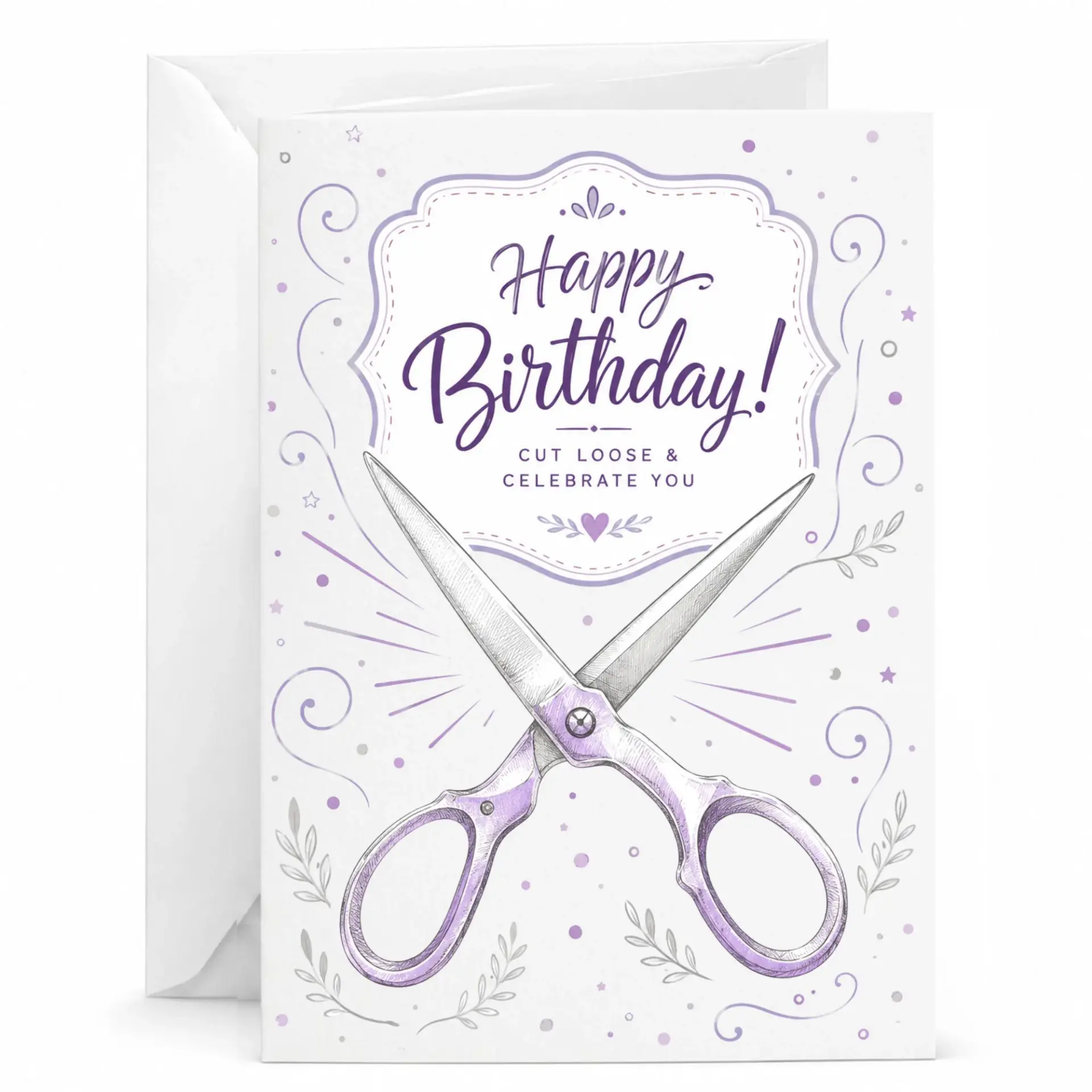 Birthday Card Happy Cut Loose and You with Decorative Scissor Illustration Purple Accents