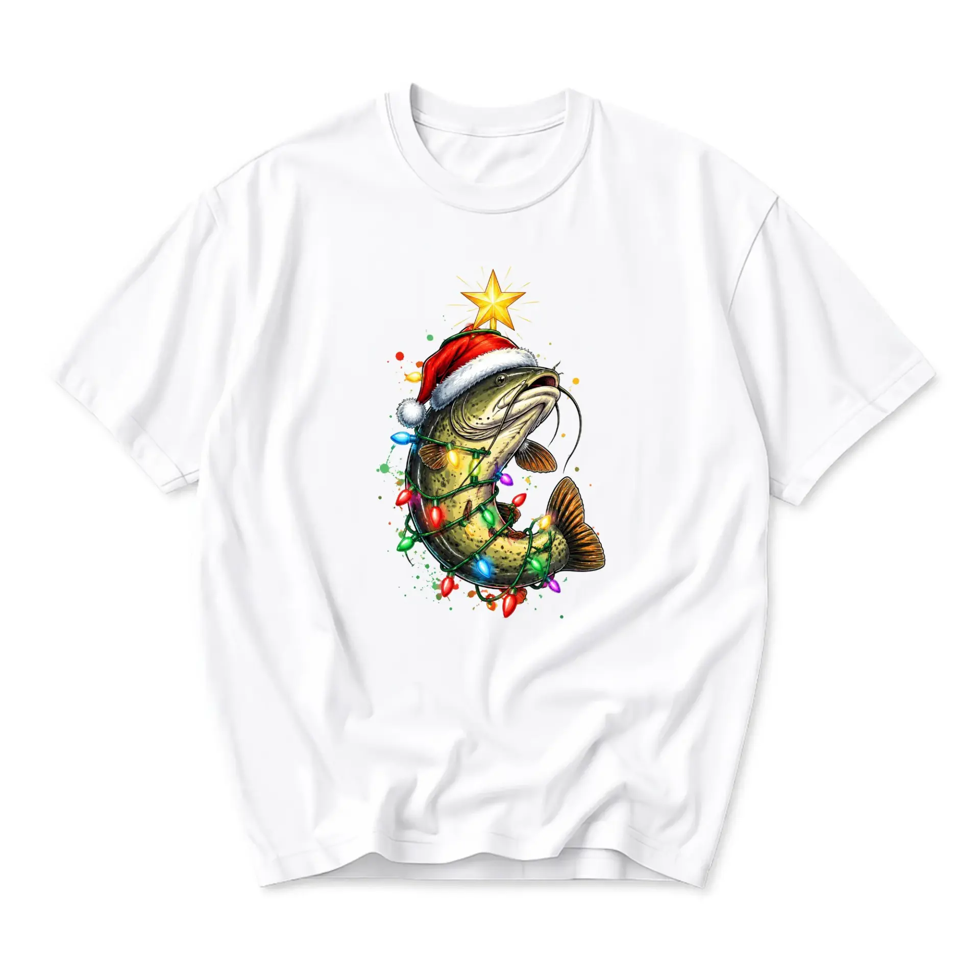 T-shirt Fishing Christmas Theme Unisex Graphic Tee Featuring a Festive Catfish Wrapped in Colorful Holiday Lights