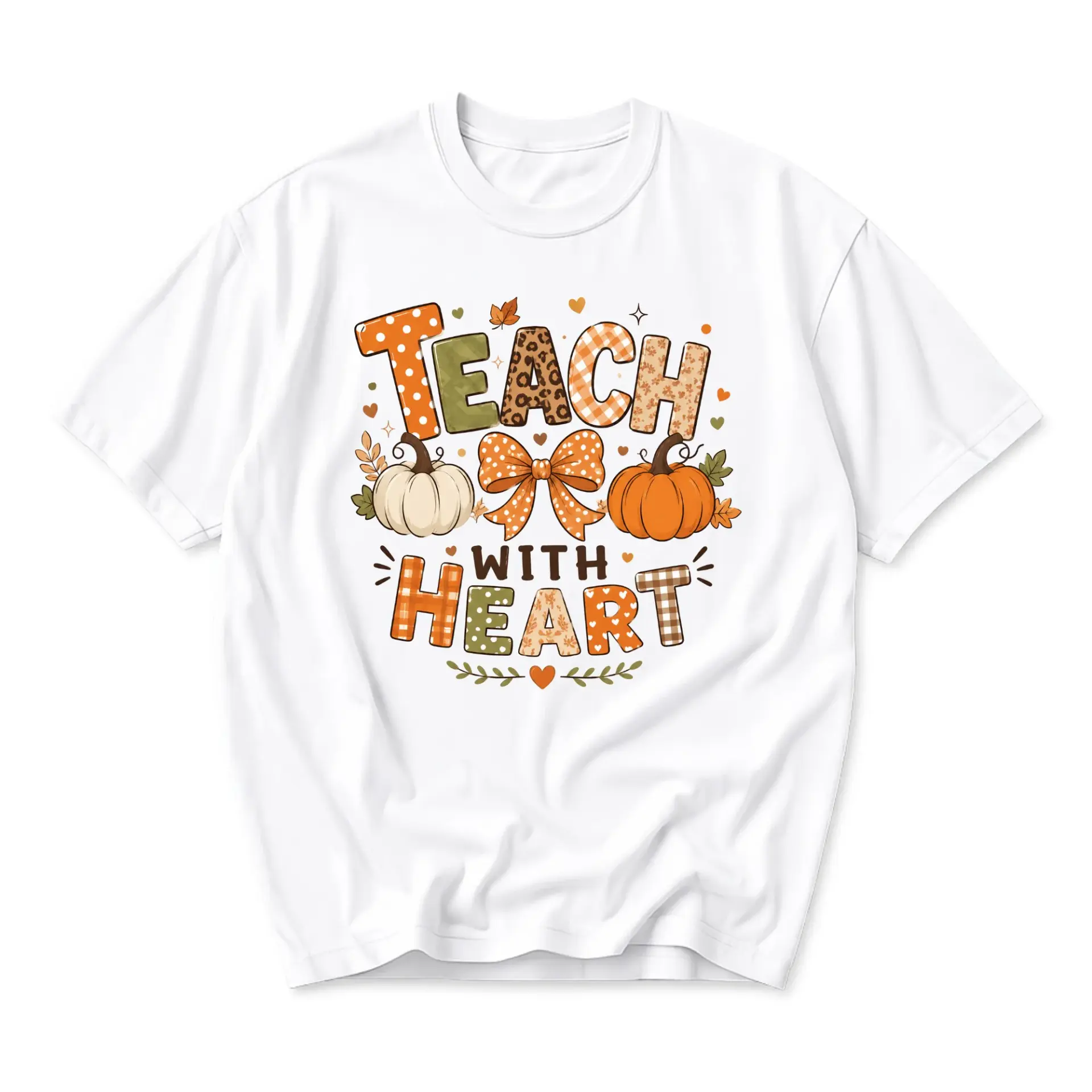 Graphic Tee Teach with Heart Fall Pumpkin Print Unisex Crew Neck Shirt for Casual Autumn Daily Outfit Apparel