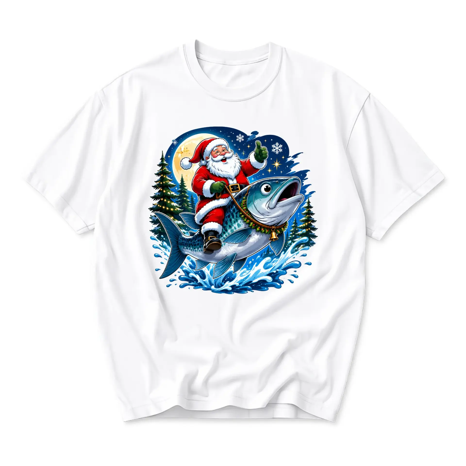 Funny Shirt Santa Claus Riding a Giant Fish Graphic Tee Holiday Season