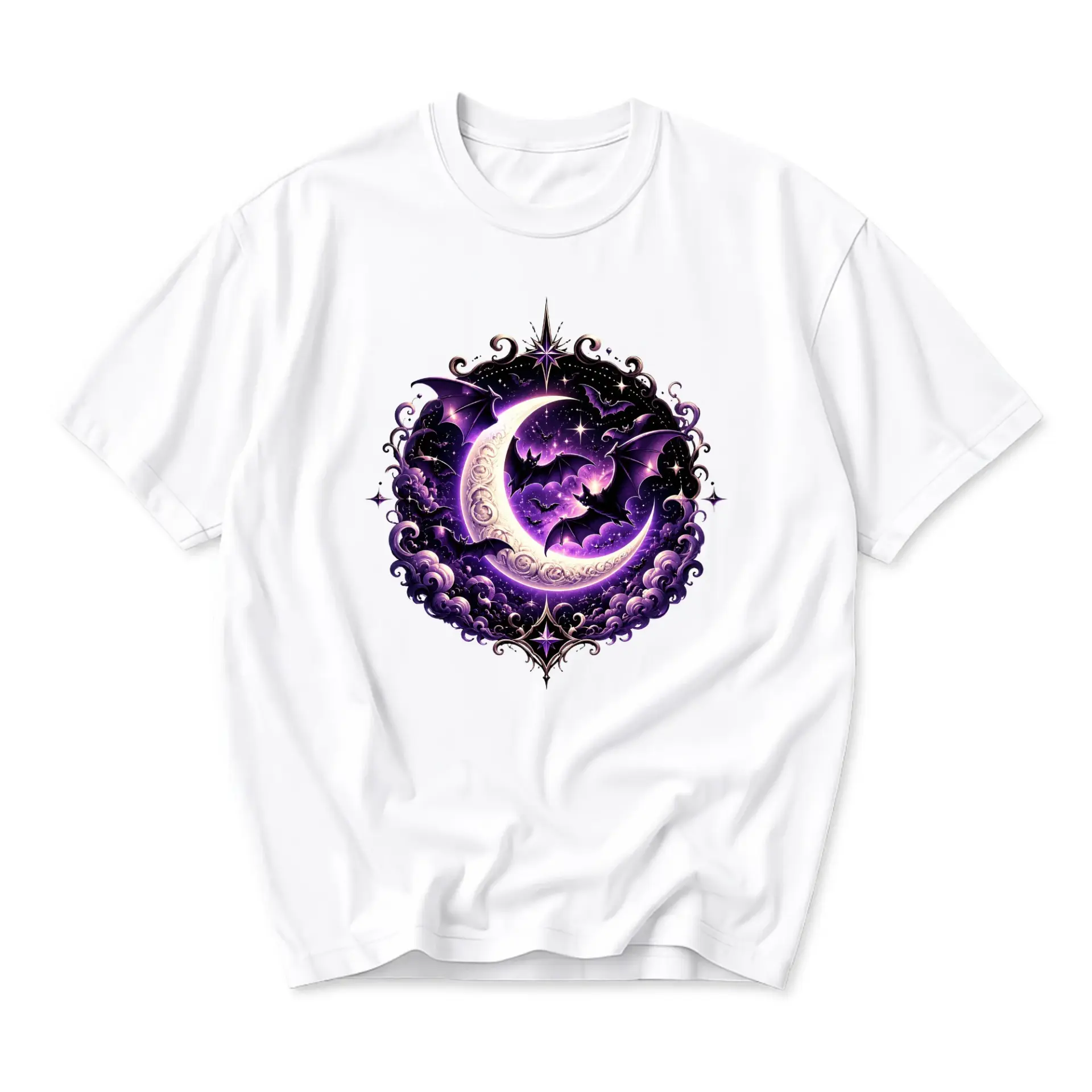 Graphic Tee Moon and Bats Celestial Night Illustration Unisex Crew Neck Short Sleeve Casual Cotton Blend Shirt