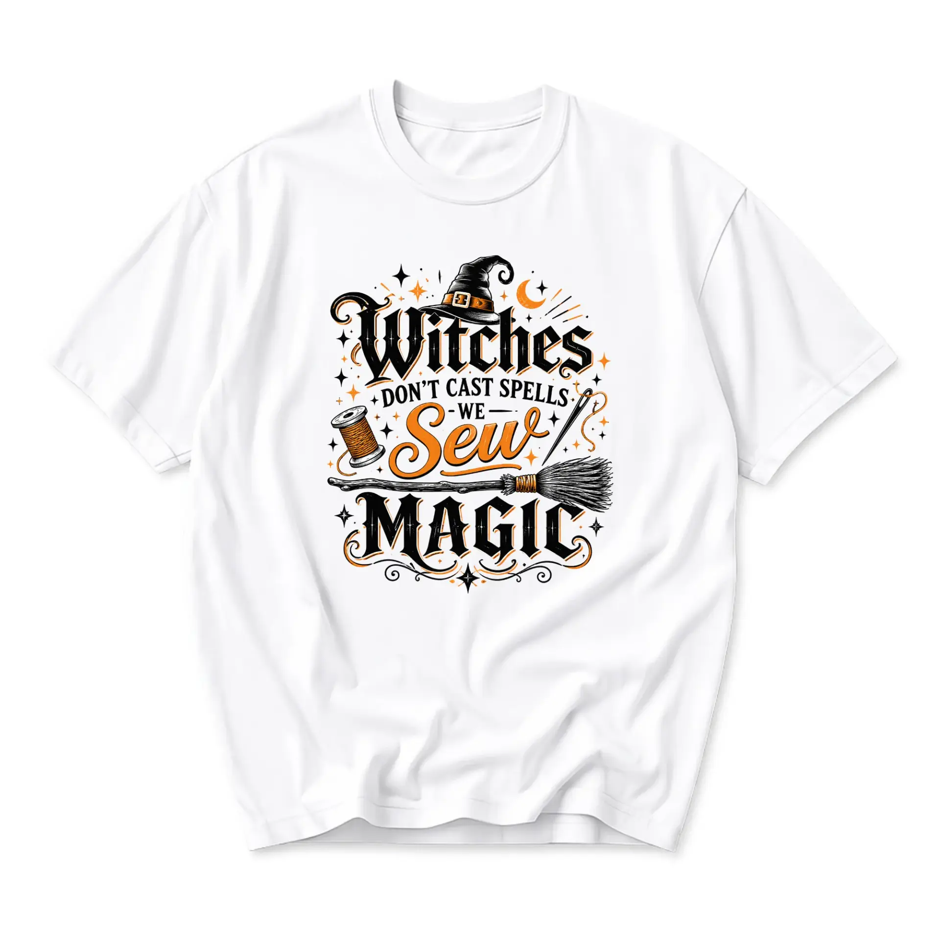 Funny Shirt Witches Don't Cast Spells We Sew Magic Graphic Tee Unisex Crew Neck Casual Cotton Blend Apparel