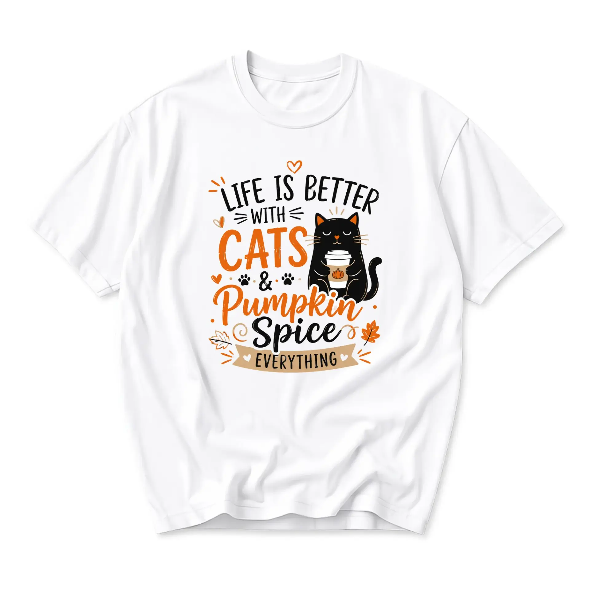 Funny Shirt Life Is Better with Cats and Pumpkin Spice Graphic Tee Unisex Casual Crew Neck Autumn Theme Cotton Top