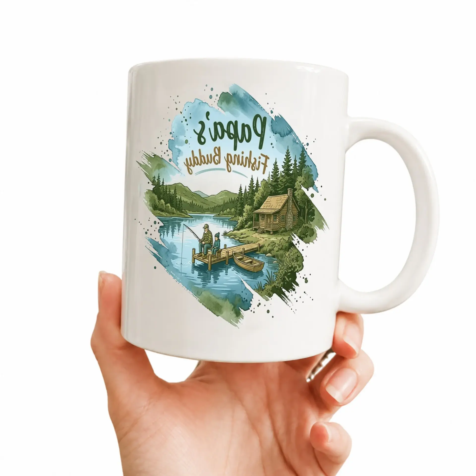 Heartwarming Fishing Themed Coffee Mug Featuring Scenic Lake Illustration for Outdoor Enthusiast Gift Ideas