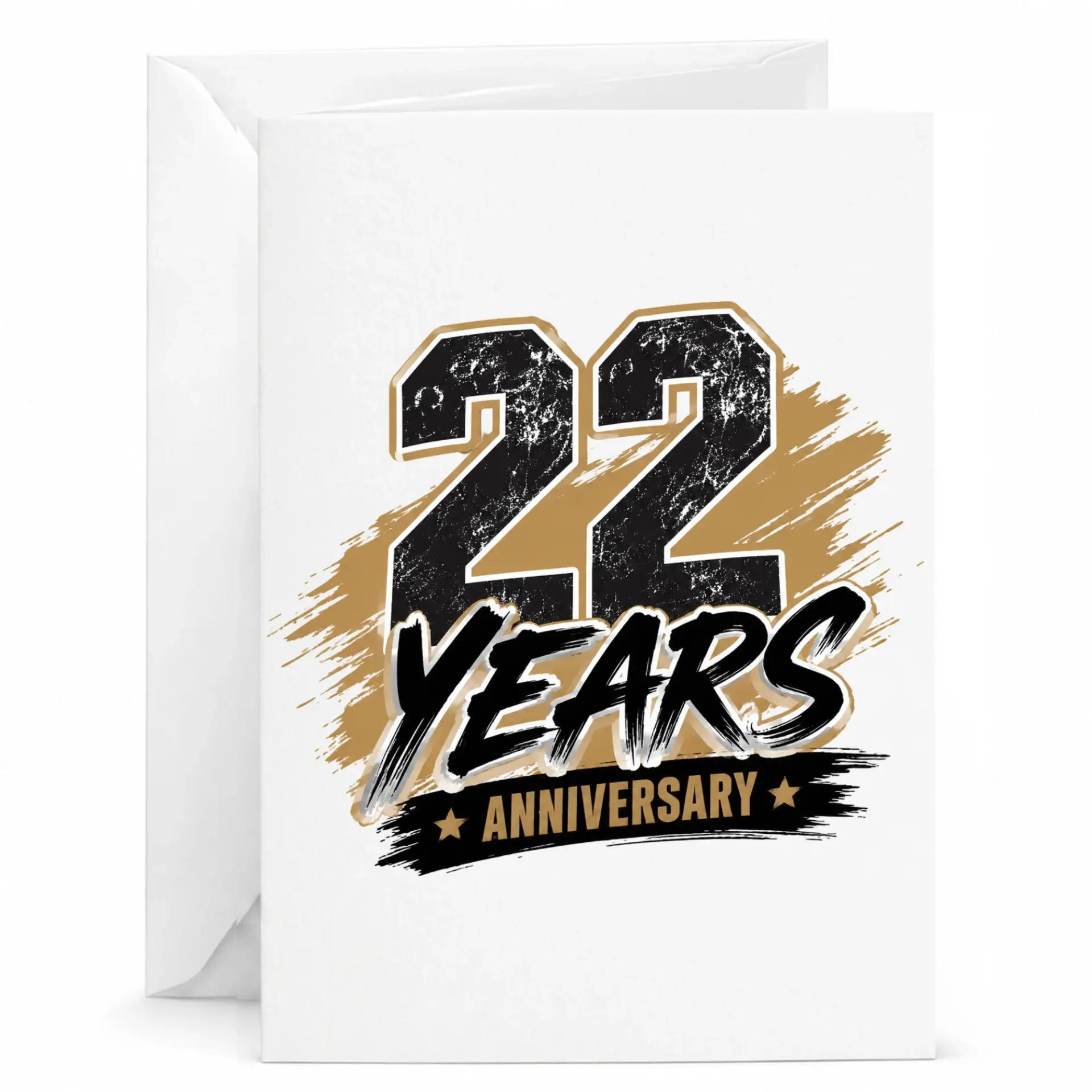 Greeting Card for 22 Years Anniversary with Rustic Gold and Black Typography Design and Matching White Envelope