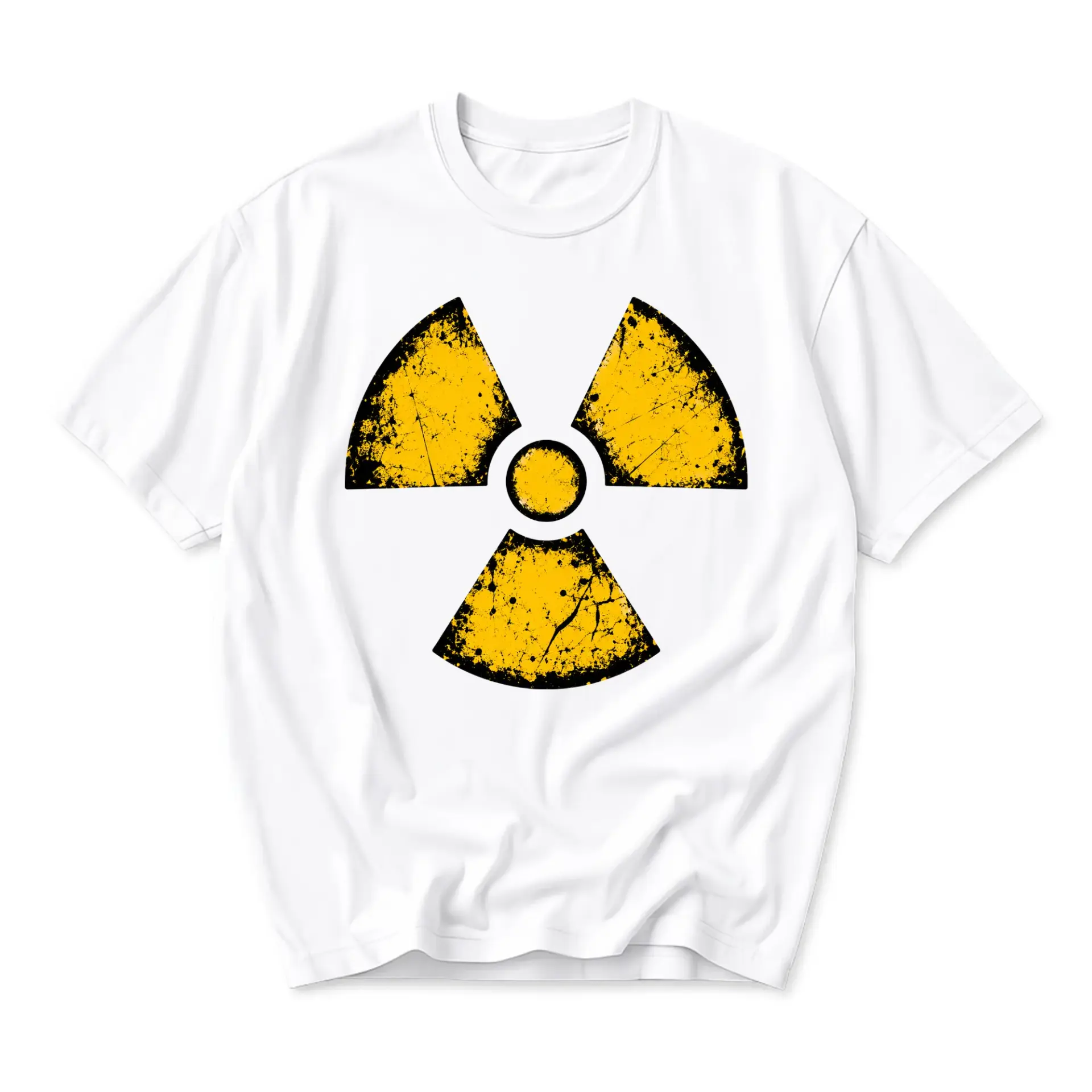 Graphic Tee Unisex Crew Neck T-Shirt Featuring Distressed Yellow Radiation Hazard Symbol Print Everyday Casual Top
