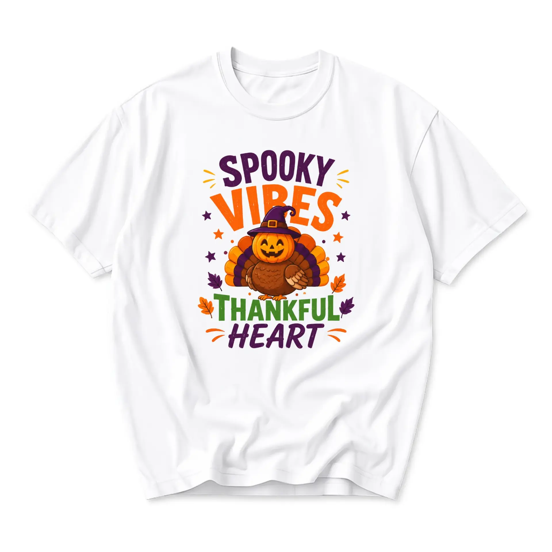 Funny Shirt Spooky Vibes Thankful Heart Thanksgiving Turkey Pumpkin Graphic Tee Unisex Casual Crew Neck T-Shirt