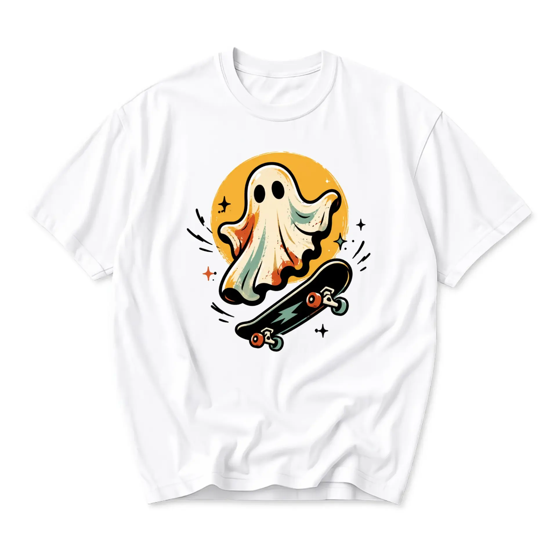 Graphic Tee Unisex Crew Neck Short Sleeve Shirt Featuring a Fun Illustration of a Ghost Riding a Skateboard