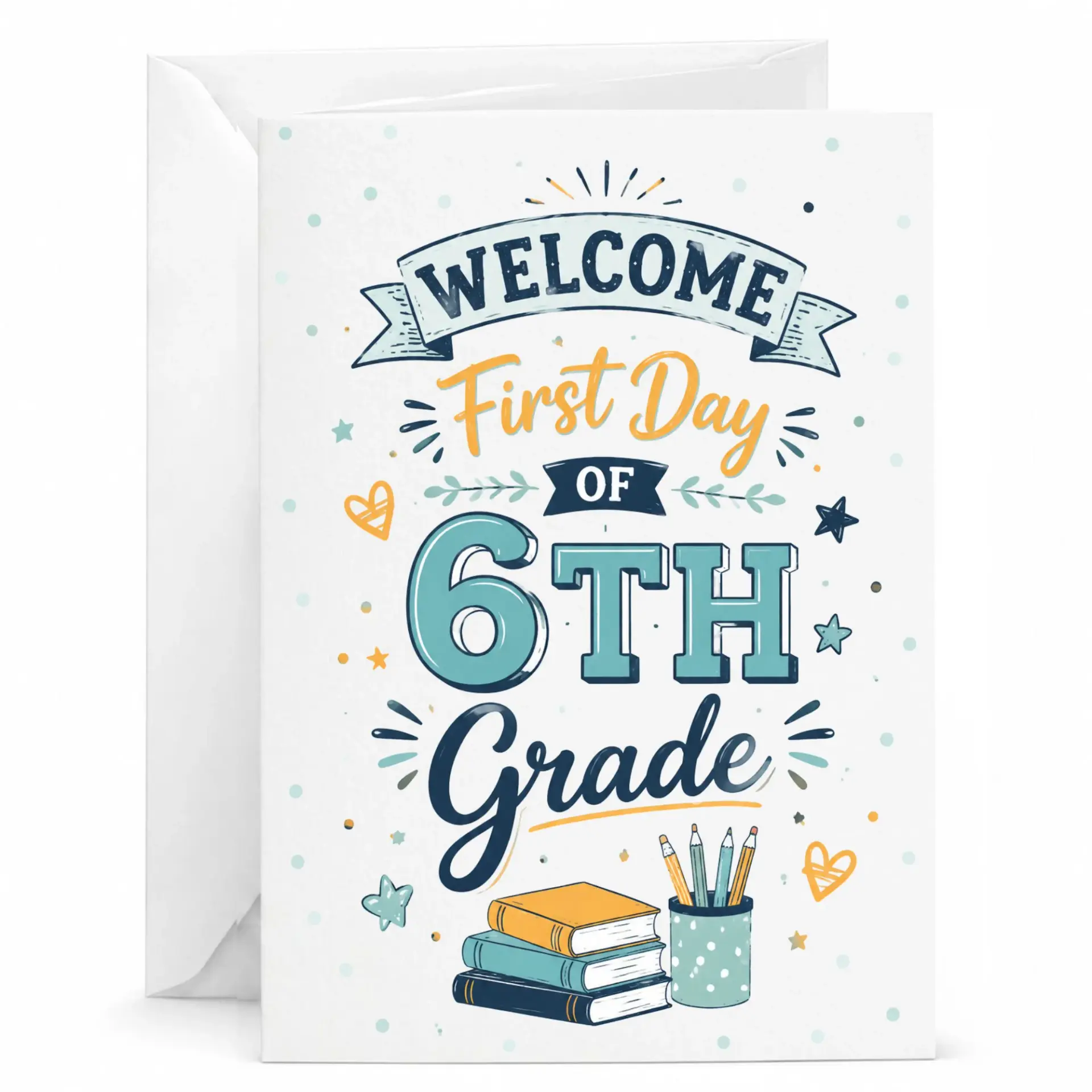 Greeting Card Welcome First Day of 6th Decorative Illustration with Books and Pencils for Academic Milestone