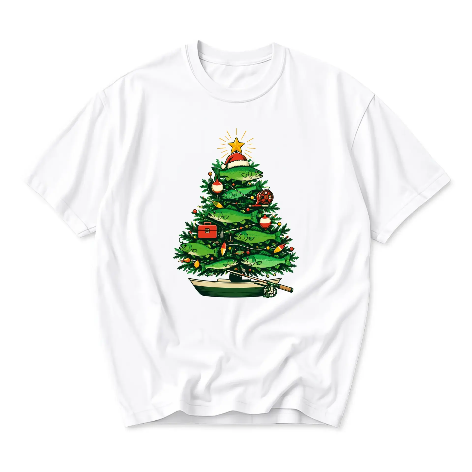 Graphic Tee Unisex Fishing Christmas Tree Holiday Apparel Casual Crew Neck