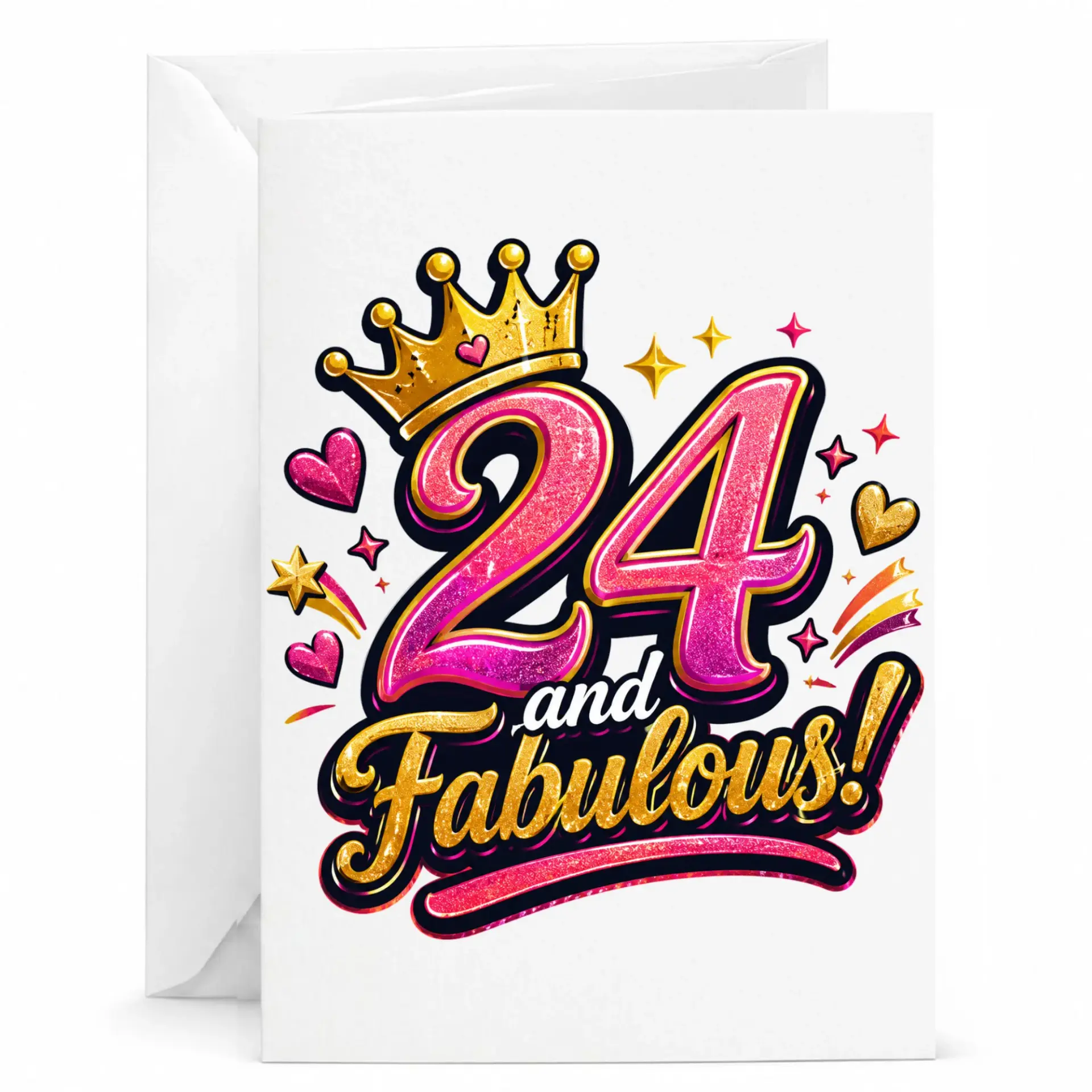 Birthday Card 24 and Fabulous Greeting Card with Crown Illustration and Glitter Effect Design for 24th Birthday