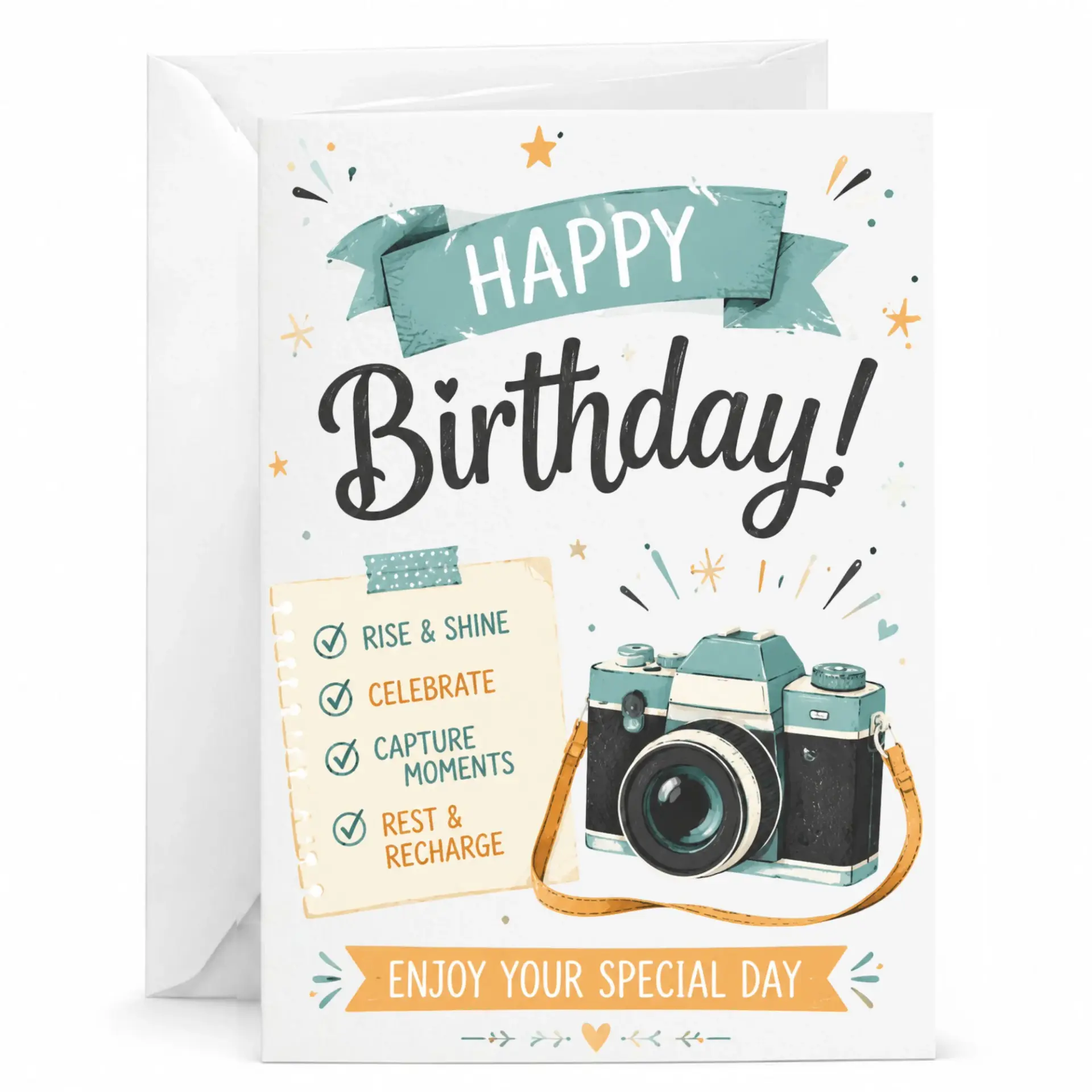 Birthday Card Camera Illustration Happy Birthday Greeting Card for Photographer Enthusiast with Matching White Envelope