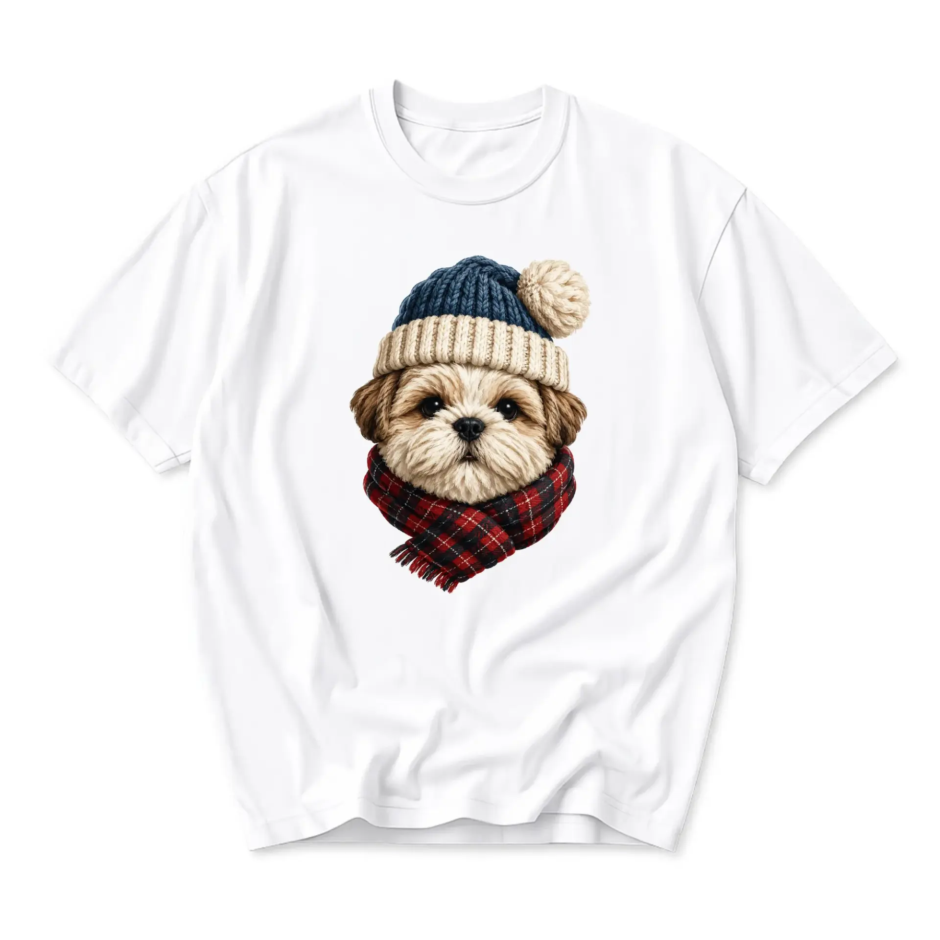 Graphic Tee Featuring Cute Shih Tzu Puppy Wearing a Hat and Plaid Scarf
