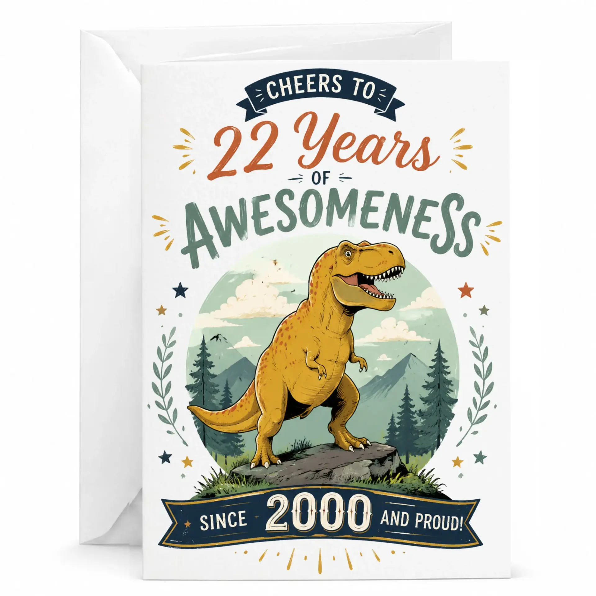 Birthday Card 22nd Anniversary Milestone Greeting Card Featuring Dinosaur Illustration Funny Awesome Keepsake 5x7 Inches