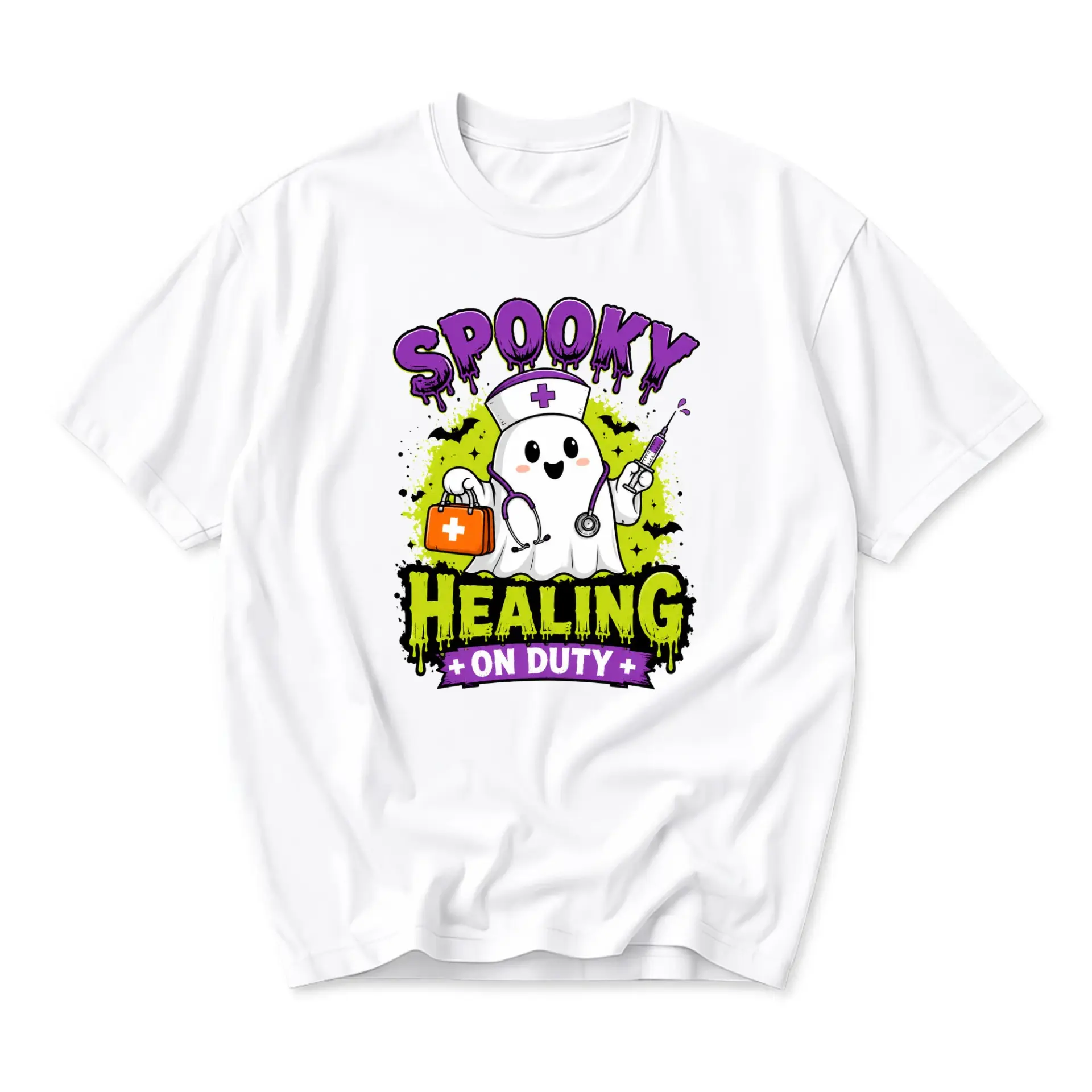 Funny Shirt Spooky Healing on Duty Nurse Ghost Graphic Tee Casual Unisex Crew Neck Short Sleeve Cotton Apparel