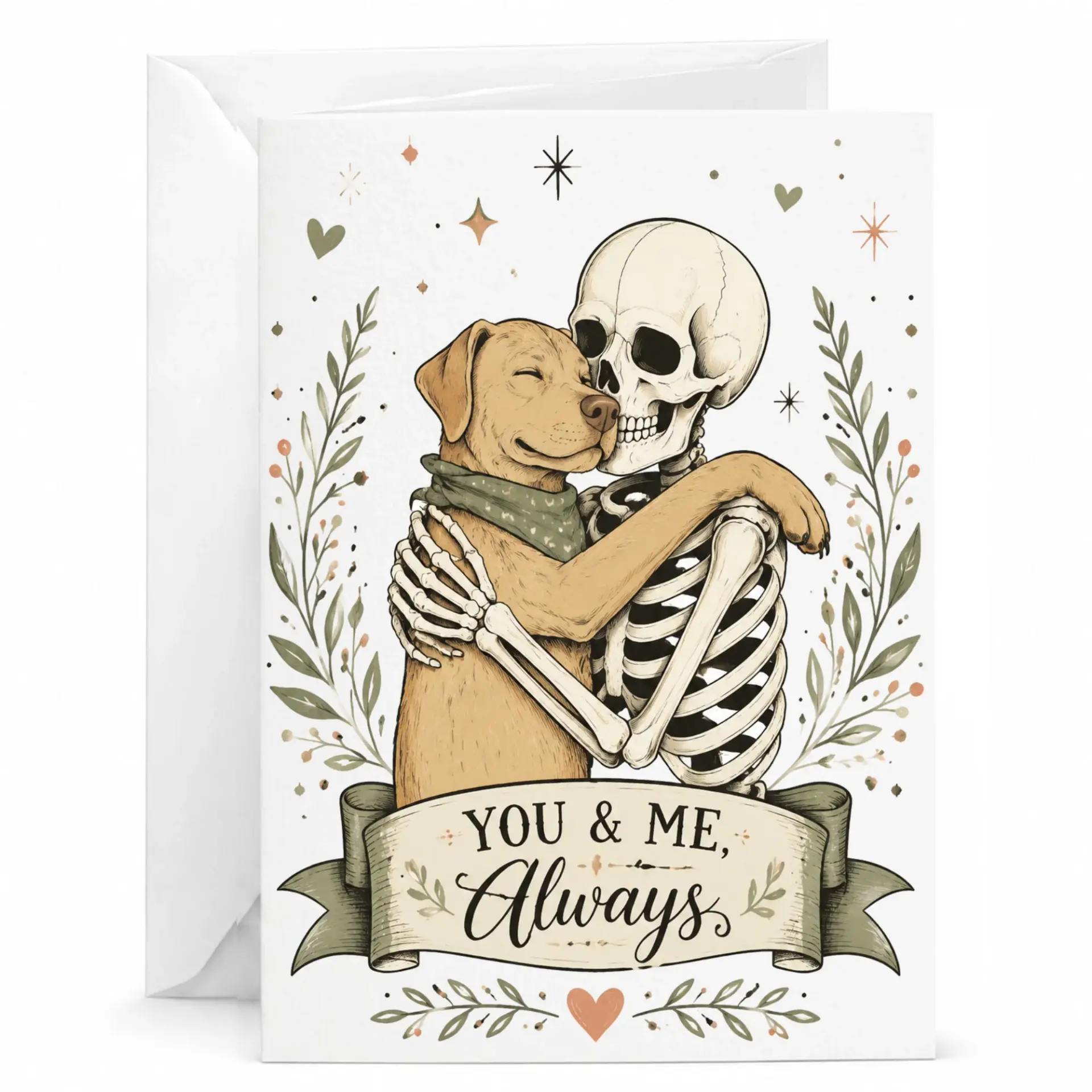 Greeting Card with Funny Skeleton Hugging Dog Illustration for Pet Lovers and Friends You Me Always Design