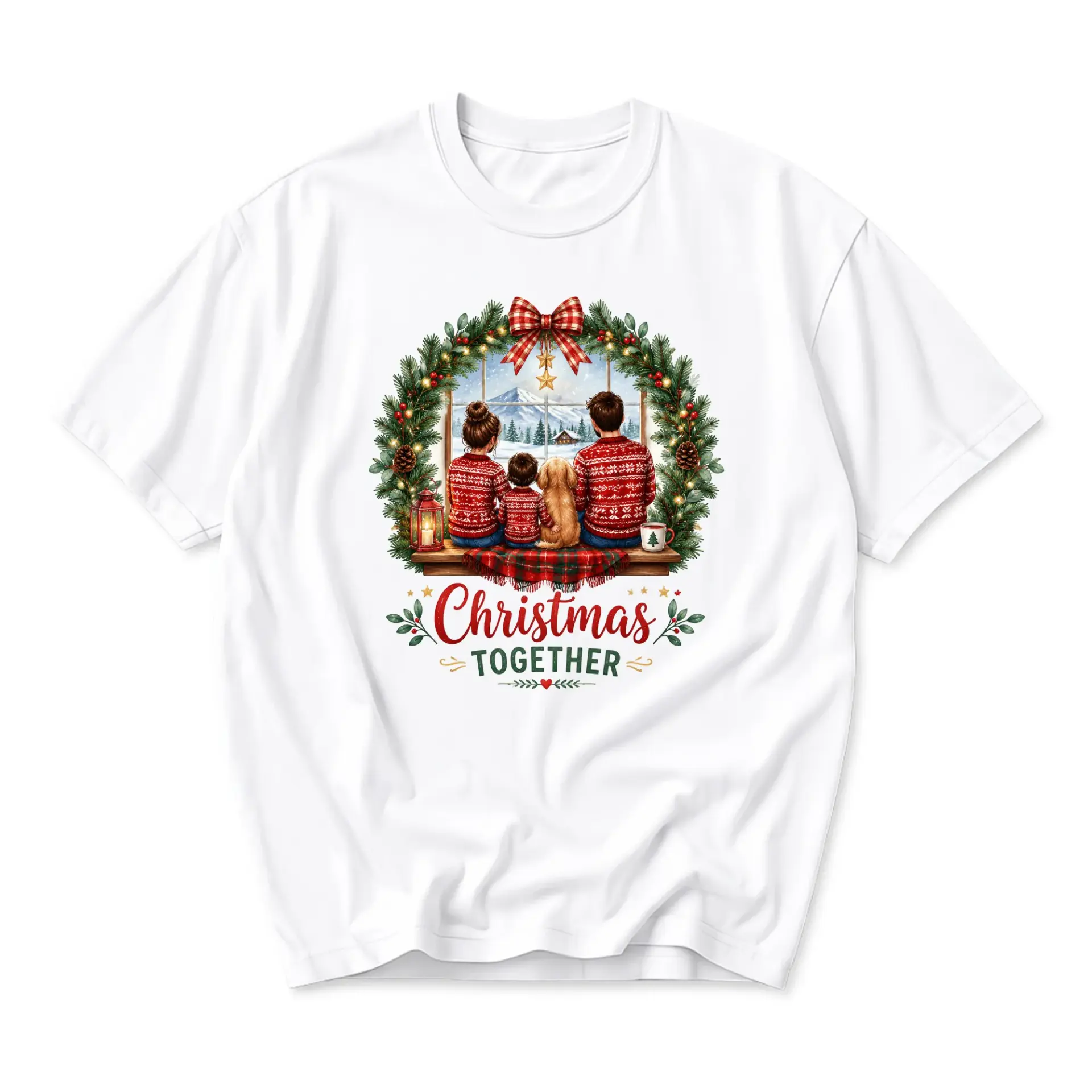 Graphic Tee Christmas Together Holiday Shirt Festive Family Window Scene Apparel Unisex Casual Crew Neck Top