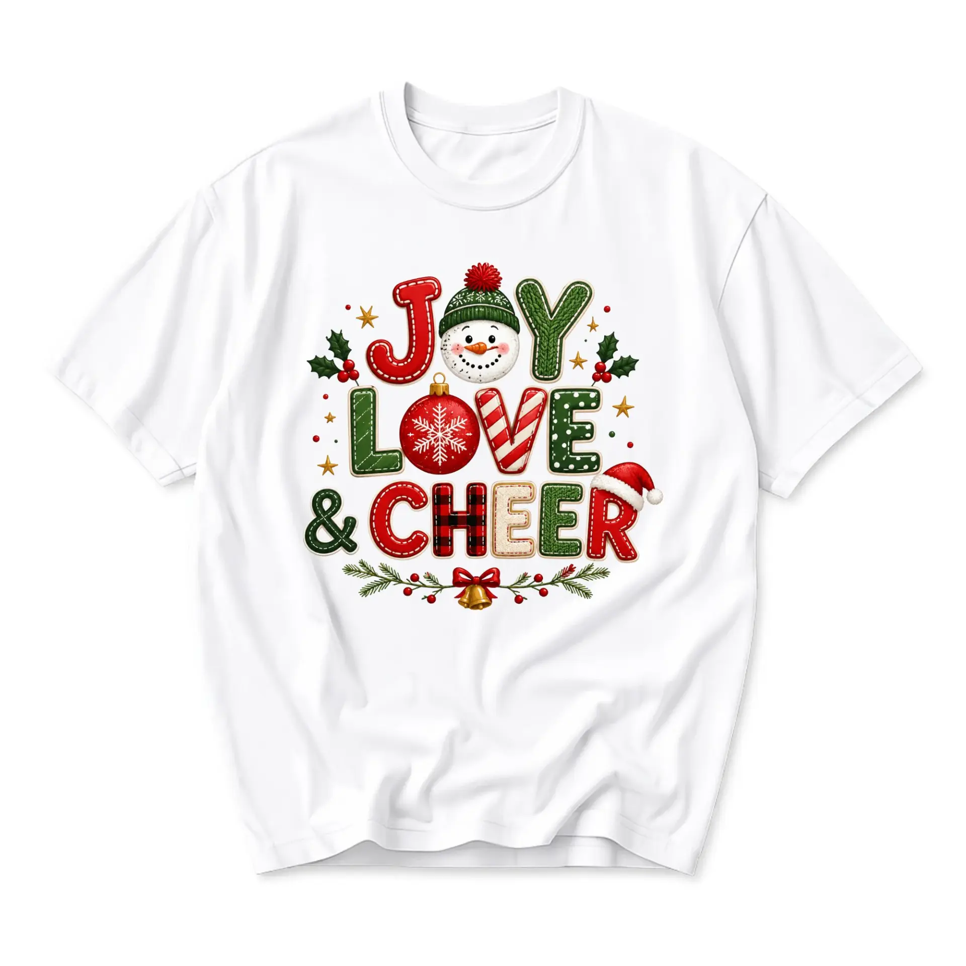Graphic Tee Joy Love Cheer Christmas Holiday Shirt Unisex Crew Neck Seasonal Festive Cotton Blend Casual Top
