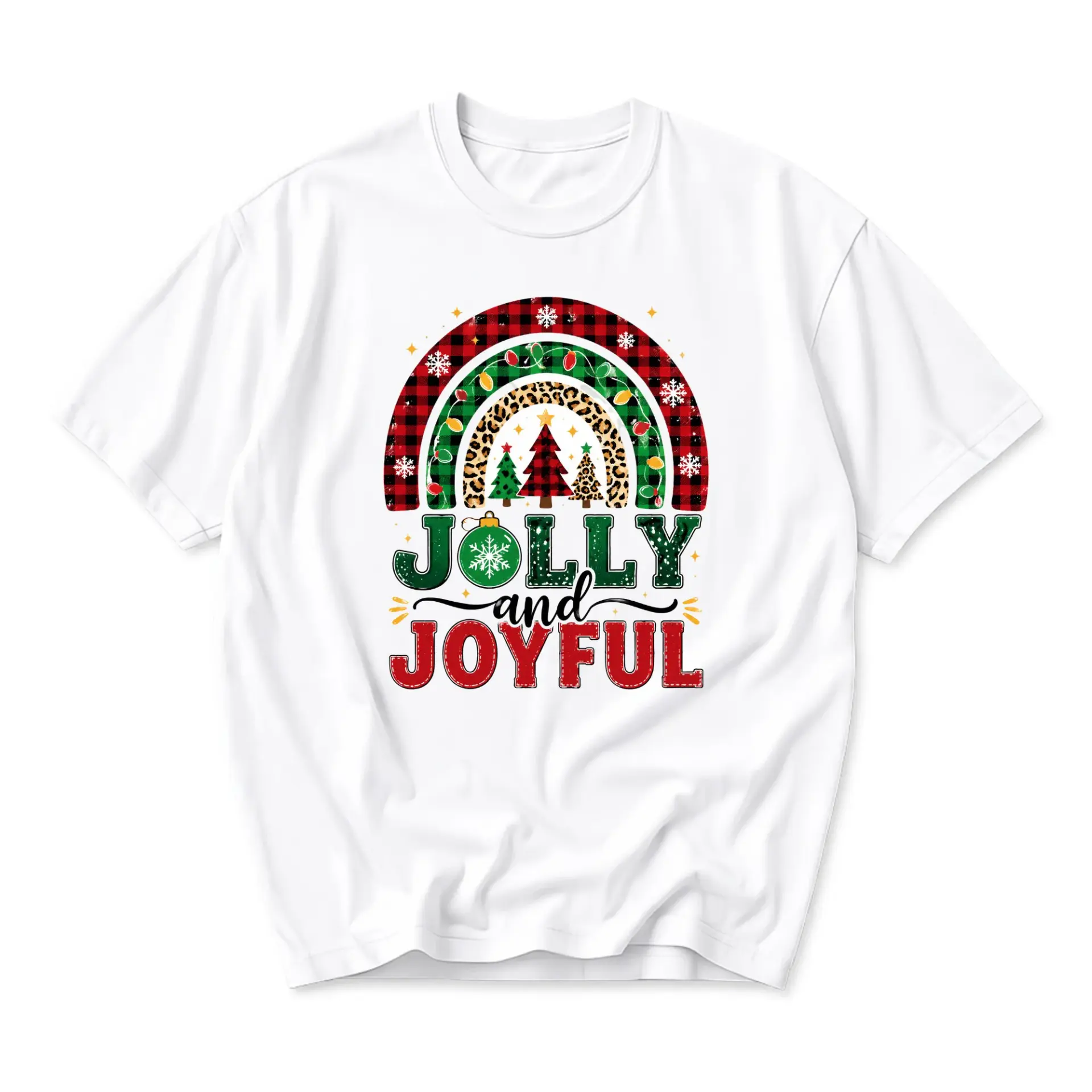 T-shirt Jolly and Joyful Holiday Graphic Tee Buffalo Plaid Rainbow Christmas Tree Print Seasonal Unisex Top